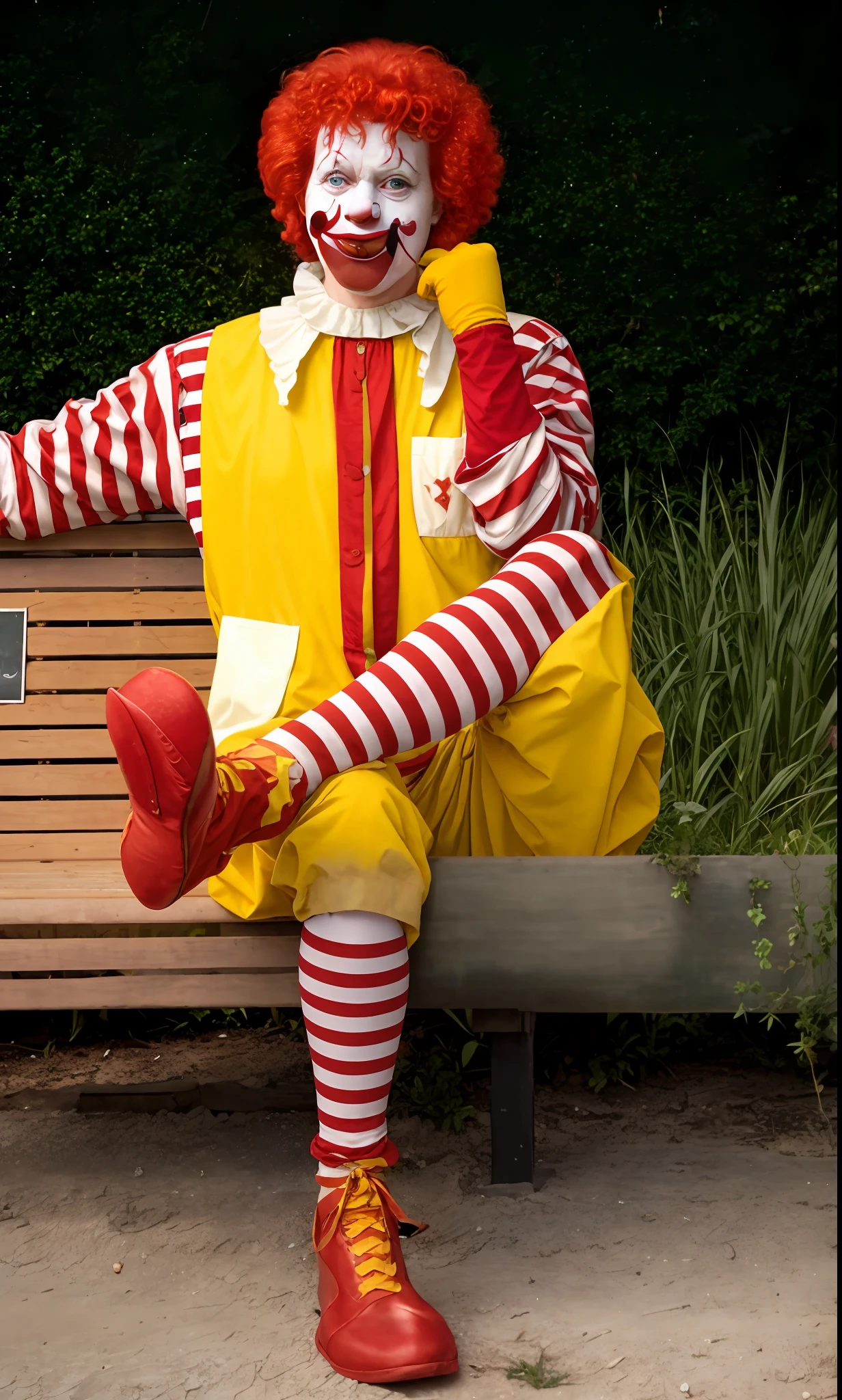 clown dressed in red wig and striped shirt of clown ronald mcdonalds, clown painted face, sentado em um banco, ronald mcdonald, Imagem de Ronald McDonald, Ronald McDonald como um Muppet, pauline hanson as a clown, Penteado vermelho Ronald McDonald, red ronald mcdonald messy hair, Cabelo vermelho de Ronald McDonald, capitalist clown, Mcdonald, wearing accurate clown makeup, communist clown, Stephen King como Pennywise, the clown is far from the camera, sharp facial features