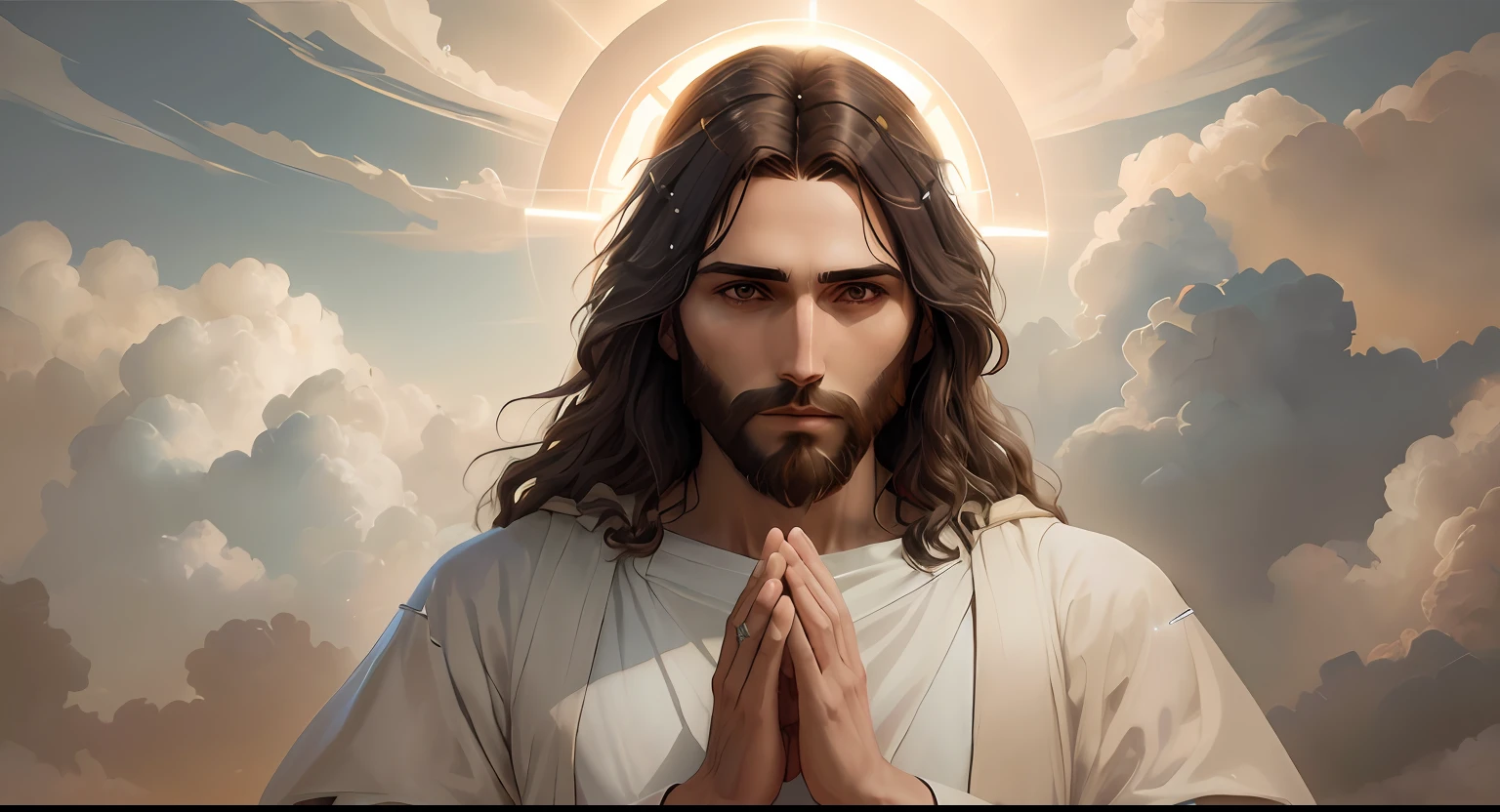 Imagem de um homem com cabelos longos e barba em um manto branco, Jesus Cristo, Retrato de Jesus Cristo, Jesus Cristo em Mass Effect, rosto de Jesus, arte conceitual de deus, Jovem Deus Todo-Poderoso, Jesus, Cyberpunk Jesus Cristo, fan art, glowing halo above his head, jesus of nazareth, Raios de Luz Sagrada Sagrada, O Senhor e Salvador