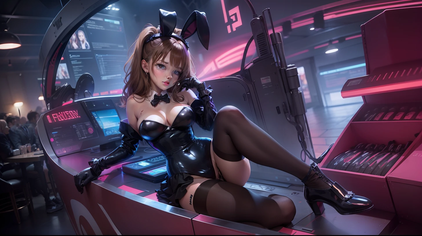 1girls, , Trikot,Playboy Bunny, Netzstrumpfhosen, braune Haare, Anime Niedlich, flush, dicker, , sexy, Titten maidgirl