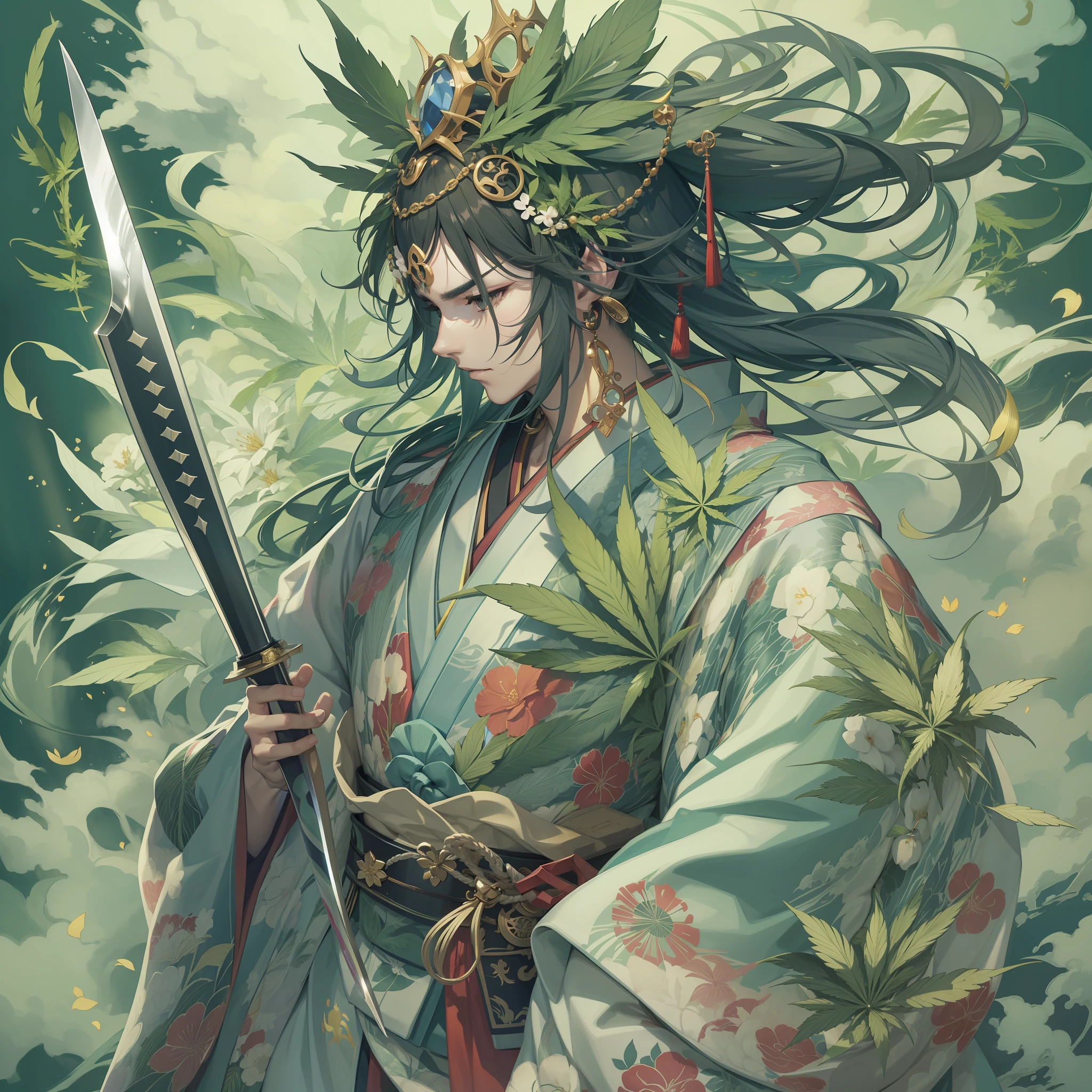 Japan myths、Susanoo、The God of Cannabis、wear kimono、Yamata no Orochi、Knives、Anime style、top-quality、Super beautiful shape、A young man、Adonis、The King of Cannabis