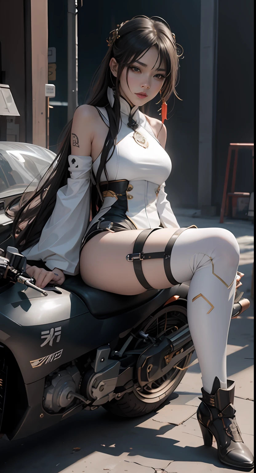 Arapei sitting on a motorcycle in cosplay costume, by Yang J, trending at cgstation, trending on cgstation, full-body xianxia, glossy white armor, wearing techwear and armor, Anime girl cosplay, inspired by Leng Mei, female cyberpunk anime girl, Stunning armor, Keqing from Genshin Impact, cyberpunk angry gorgeous goddess