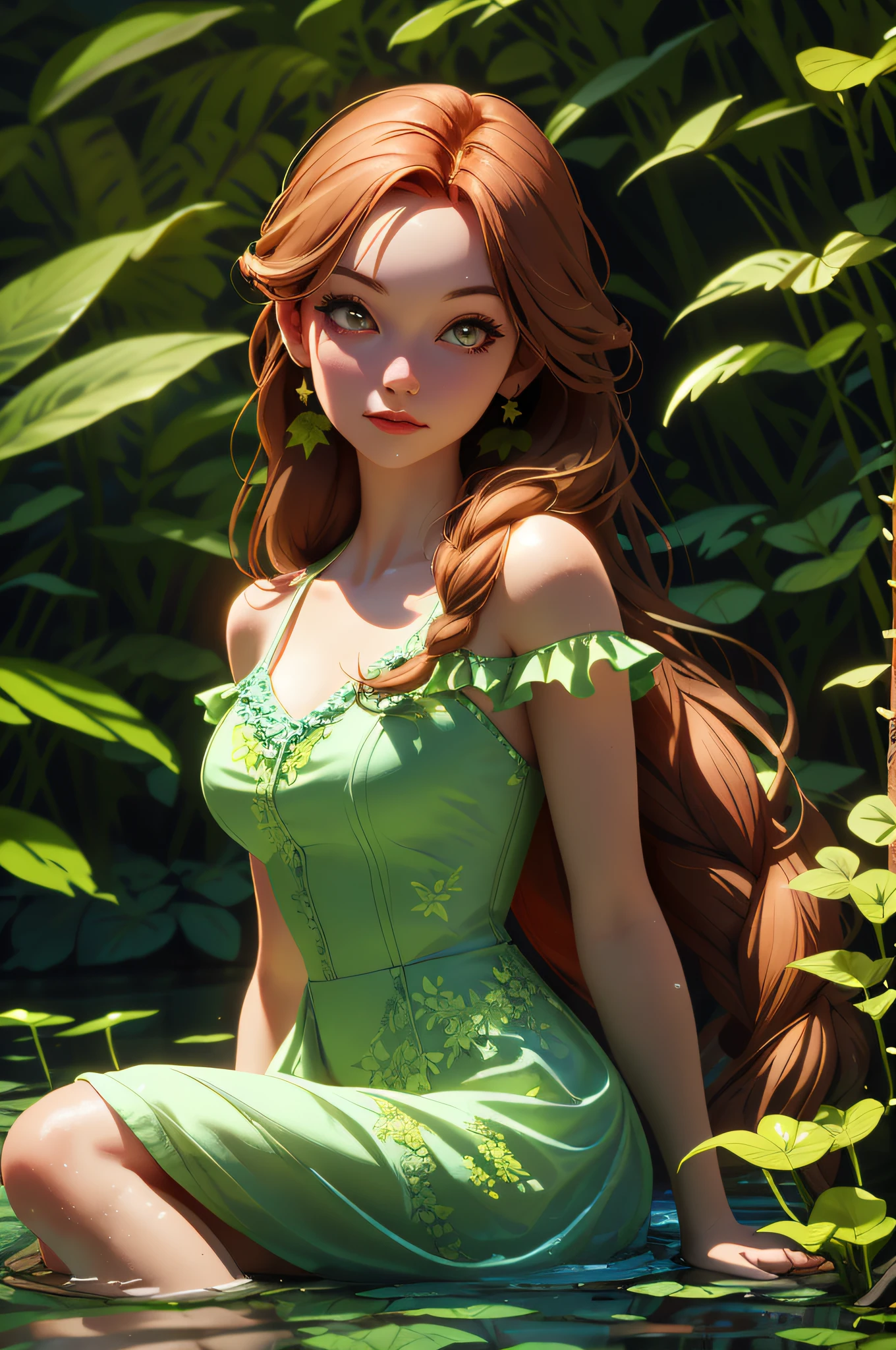 poison ivy, siting on water, the two brown braids, wearing princes dress, water fall background, forest back ground, live plants in back ground,8k, high detailed body, high detailed face, realistic , random, legendary , sun shadow, movie lightning, 8k, RAW photo, best quality, masterpiece, high detail RAW color photo, dramatic lighting, cinematic lighting, back light, professional lighting, detailed face, full body, girl focusing,