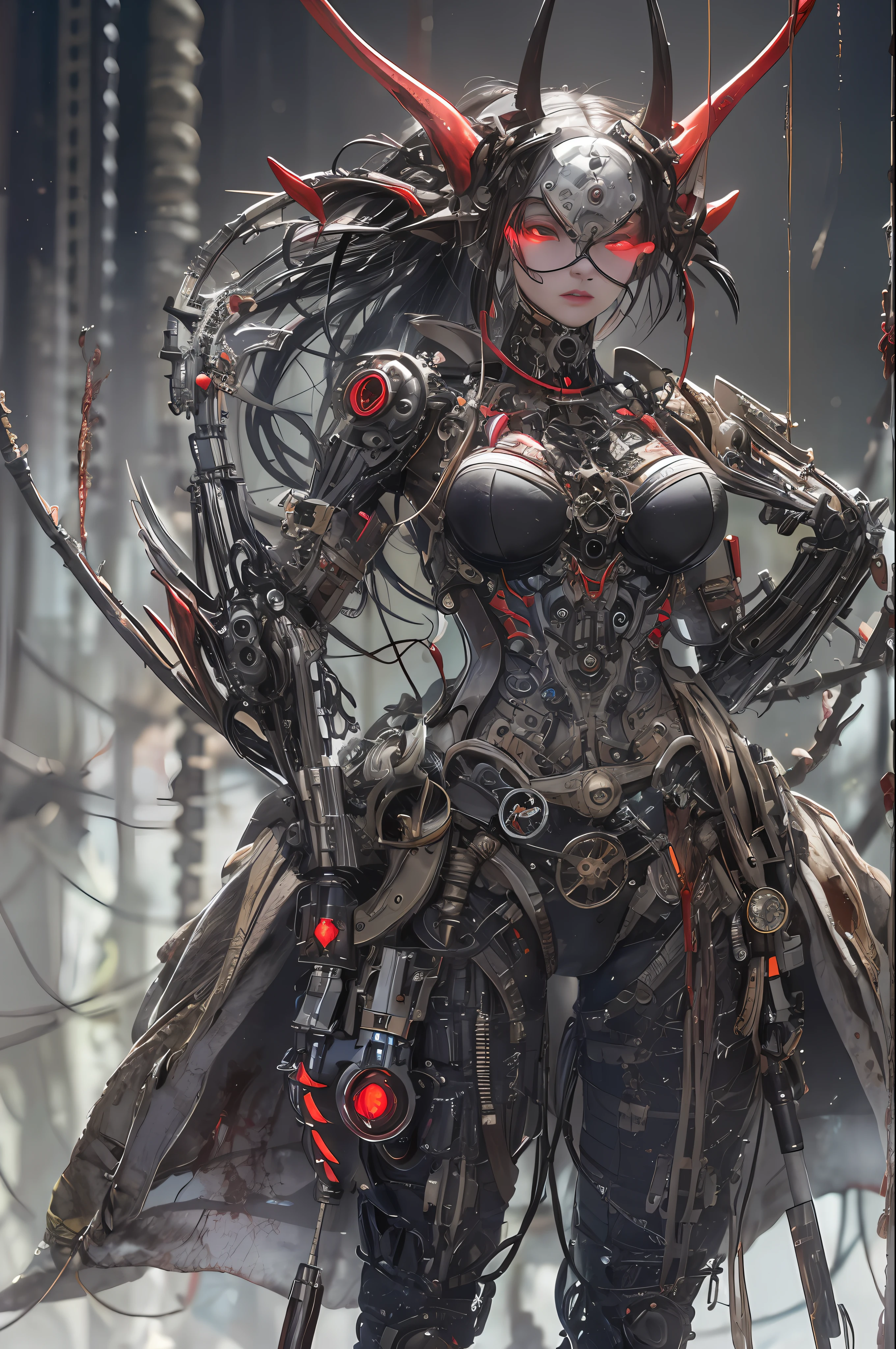 top-quality、​masterpiece、超A high resolution、(Photorealsitic:1.4)、Raw photo、女の子1人、Black hair、glowy skin、1 Machine Devil、large metal wings、Metal Corner、((super realistic details))、portlate、globalillumination、Shadow、octan render、8K、ultrasharp、Colossal tits、Raw skin is exposed in cleavage、metals、Details of complex ornaments、Steampunk details、vacuum tubes、Nixie Kan、Oil pressure gauge、Glass Kan、Analog Meter、gear wheel、gear、Hydraulic cylinder、highly intricate detail、Realistic light、Red Eyes、radiant eyes、Facing the camera、neon details、Mechanical limbs、blood vessels connected to tubes、Mechanical vertebrae attached to the back、mechanical cervical attaching to neck、sitting on、Wires and cables connecting to the head、Small LED lamp、Sumerian details、