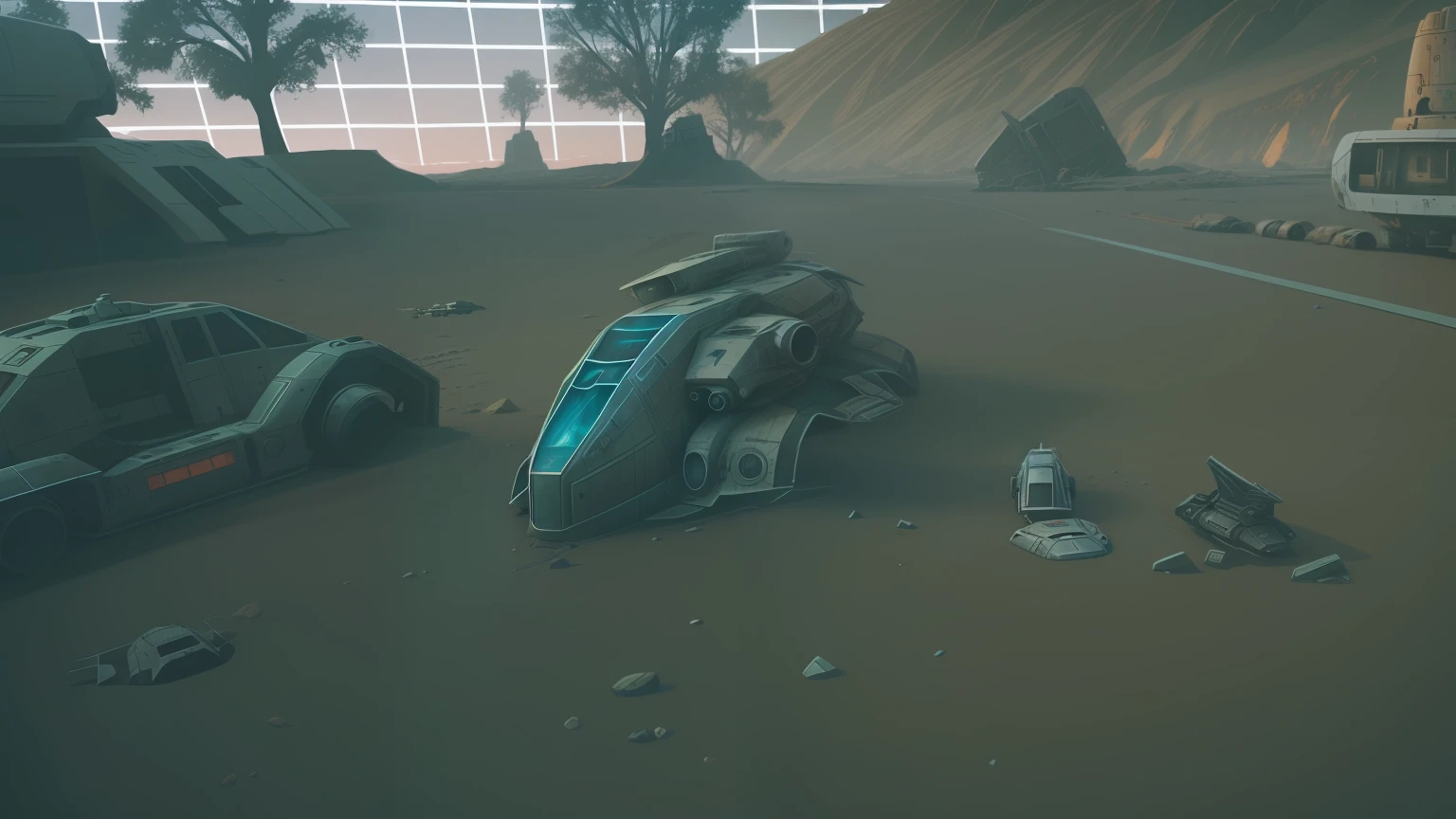 spaceship in a dry river bed, landed spaceship in background, new vehicle, Crashed spaceship!!, detailed crash space ship, flying scifi vehicle, parked spaceships, reaver drone, a ancient crashed spaceship, neofuturistic highly detailed, discarded mechsuit in background, crashed ufo