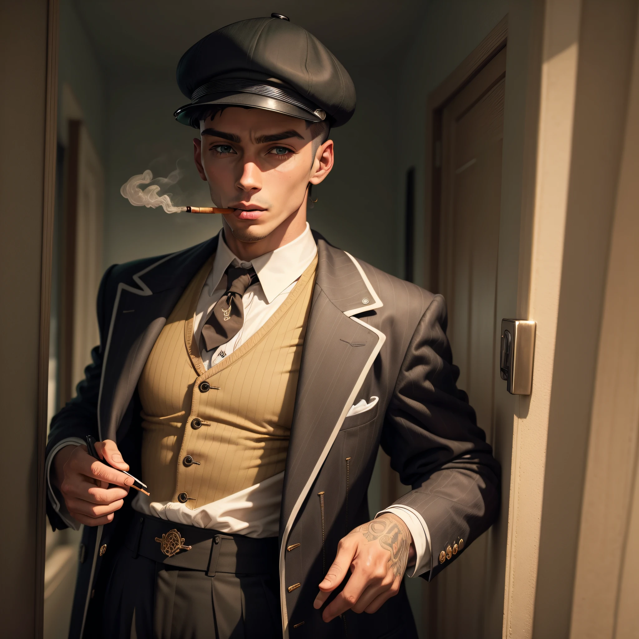 um garoto no quarto stilo lofi, peaky blinder boy, roupas colete gravata boina, cigarro na boca desenho art