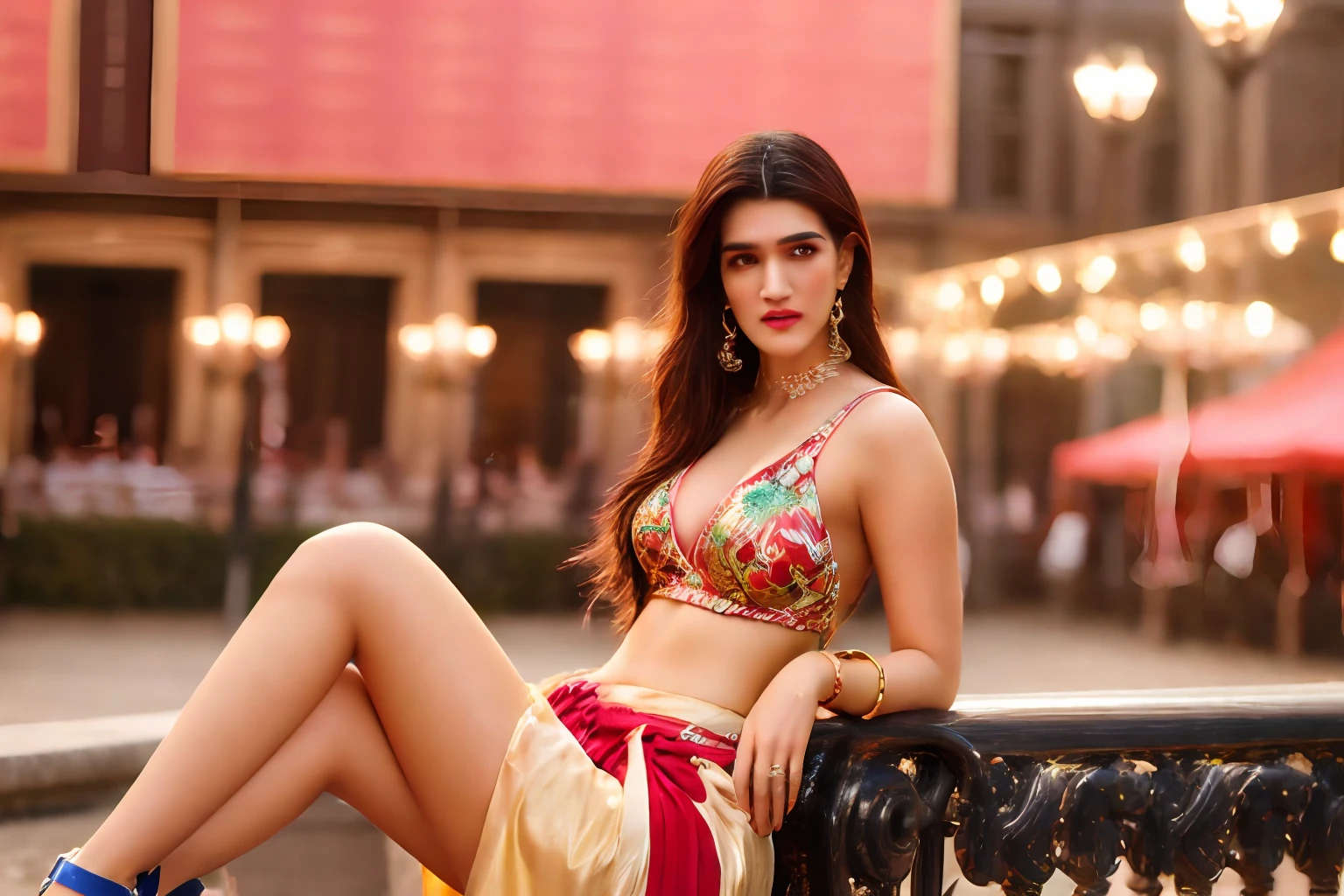 kriti sanon, sexy, hot, cleavage, long legs, slender frame, hourglass figure, slender waist, voluptuous curves, seductive smile, toned body, radiant complexion, captivating gaze, sultry expression, flirtatious, photogenic, smiling, photorealistic, realistic, vibrant, detailed, High Detail, highly detailed, lots of fine detail, sharp focus, 8K, 4K, high resolution, ultra high res, high definition, masterpiece, best quality, rich colors, cinematic, cinematic lighting, Realistic Lighting, depth of field, natural shadows, ambient occlusion, subsurface scattering, reflections, soft lighting, lens flare, crisp edges, anisotropic shading, global illumination, Background A lively colorful festival with costumed dancers fireworks and the joyful sound of music, Birthstone necklaces, Eyeliner, Eye shadow, Lipstick, Blush, Headbands, Tassel earrings, Leather bracelets, Nipple rings, Obi belts, Ankle boots, Jewelry