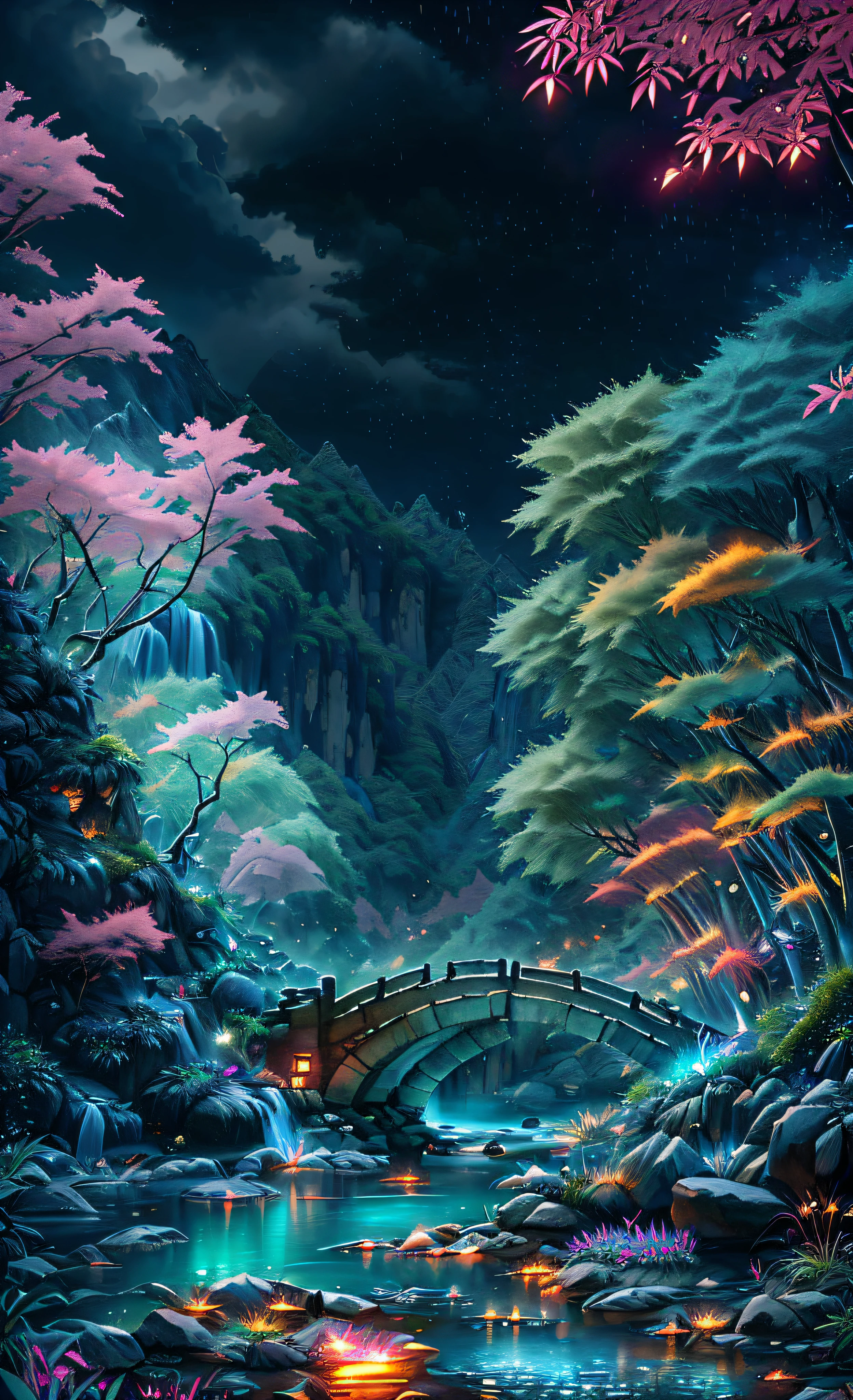((diffuse colors)) Ancient Chinese architecture, cool colors, dark night, moon, garden, bamboo, lake, stone bridge, rockery, arch, corner, tree, running water, landscape, outdoor, waterfall, grass, rock, intense rainfall, thunderstorm, vines all around, giant and wet trees, with glowing leaves in the trees, glowing fireflies and glowing particle effects, masterpiece, best quality, high quality, extremely detailed CG unity 8k wallpaper, oil paiting, award winning photography, Bokeh, Depth of Field, HDR, bloom, ,Photorealistic,extremely detailed, trending on artstation, trending on CGsociety, Intricate, High Detail, dramatic, art by midjourney, volumetric lighting