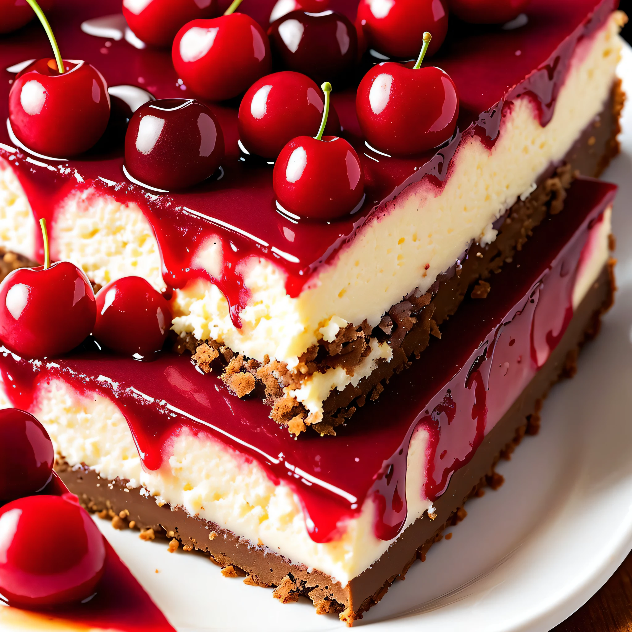 Appetizing slice of cherry cheesecake with chocolate, delicious, fragrant, detailed professional photography and light, close-up