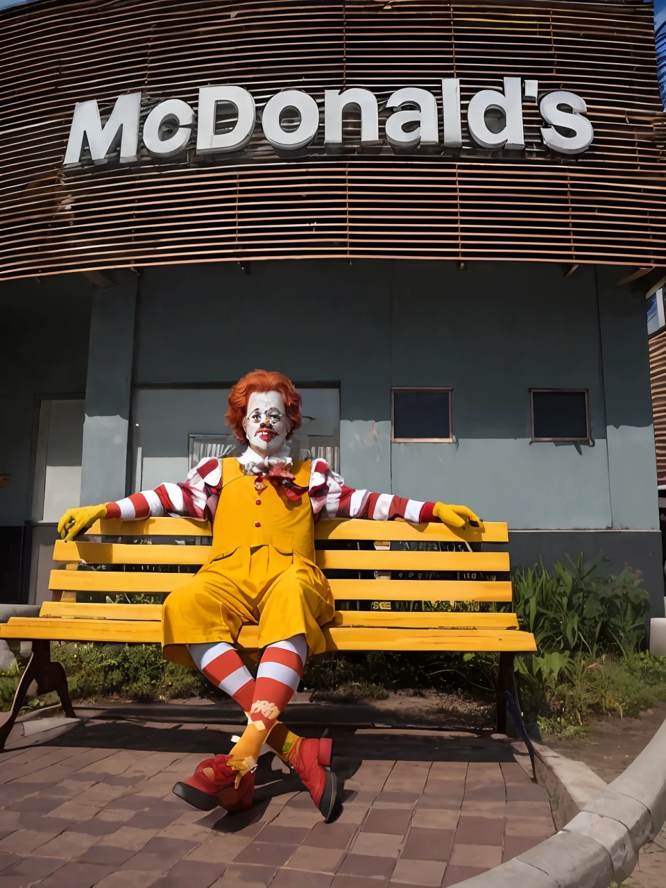 clown dressed in red wig and striped shirt of clown ronald mcdonalds, clown painted face, sentado em um banco, ronald mcdonald, Imagem de Ronald McDonald, Ronald McDonald como um Muppet, pauline hanson as a clown, Penteado vermelho Ronald McDonald, red ronald mcdonald messy hair, Cabelo vermelho de Ronald McDonald, capitalist clown, Mcdonald, wearing accurate clown makeup, communist clown, Stephen King como Pennywise, the clown is far from the camera, sharp facial features