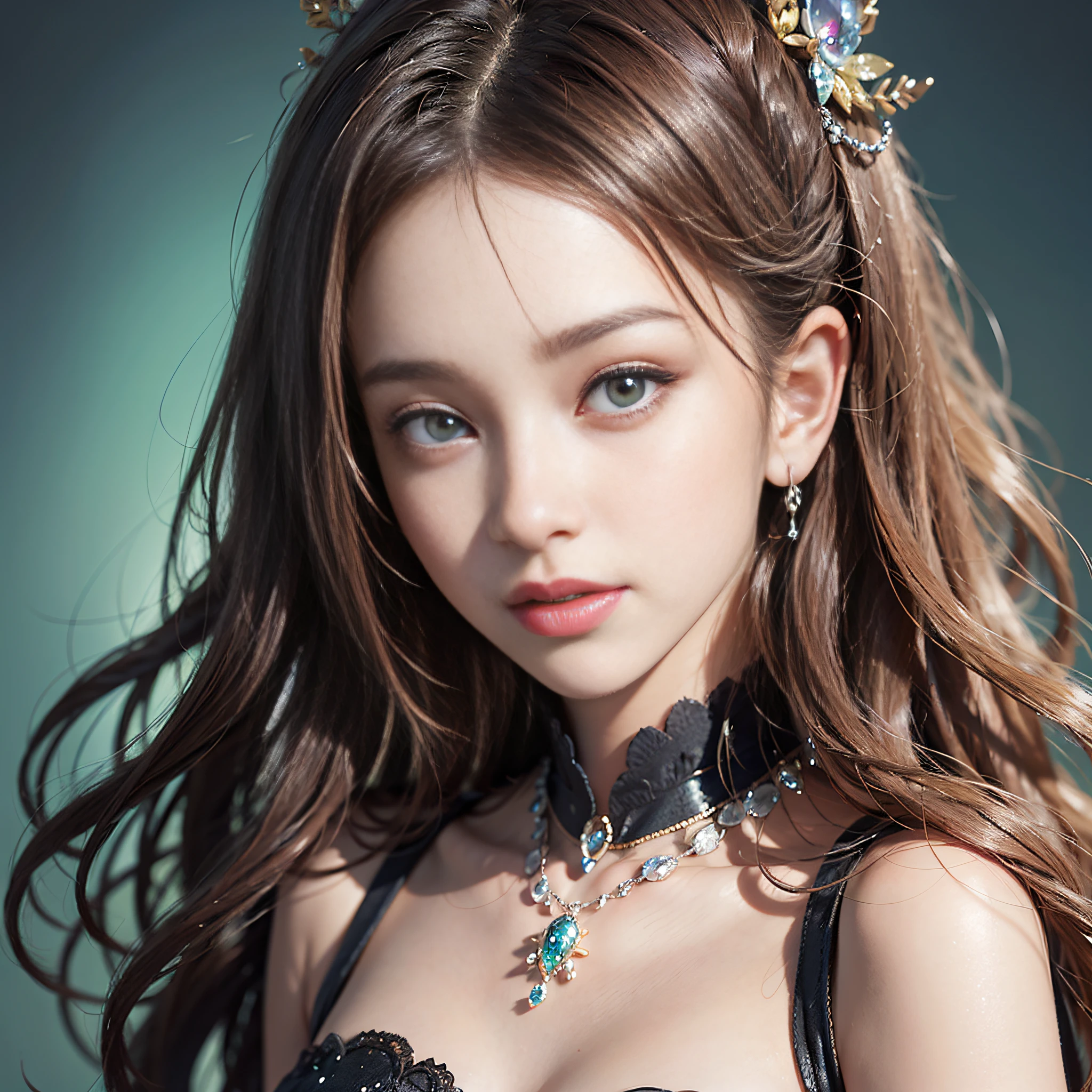 (​masterpiece)、(top-quality)、(Realistic)、Charming daughter、Portrait of a beautiful girl、1girl in、Transparent eyes、beautiful finely detailed eyes、Glitter eyes、Glowing eyes、face perfect、Perfect eyes、Perfect iris、Perfect lips、perfect teeth、flawless skin、Beautiful nose、Beautiful mouth、Pretty lips、Fine-grained skin、portrait shooting、Professional artwork、in 8K、Photorealsitic、long-one-piece dress、Elegant face、perfect anatomia、Perfect female body:1.4、Ultra-realistic painting:1.4、Ultra-precision painting:1.4、nffsw:1.4、corporate offices、Raw photography、a necklace、耳Nipple Ring、goddes、Fantastical、