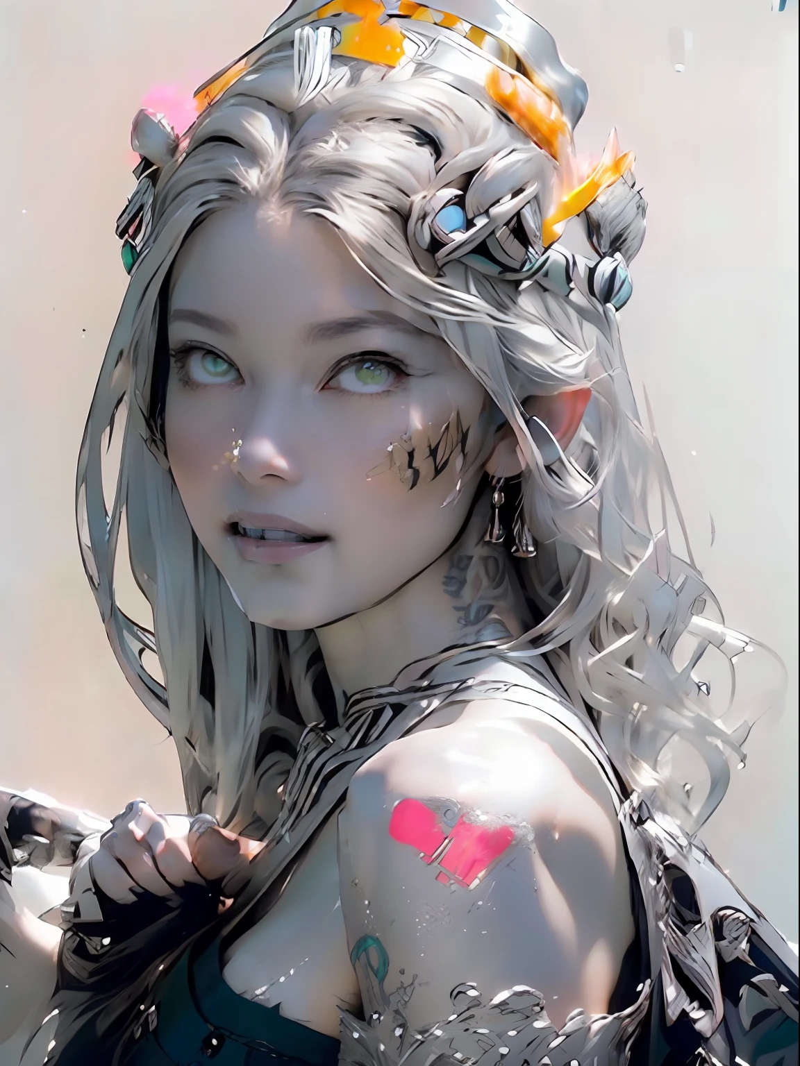 Ultra-detailed complex 3D rendering of the face, (masterpiece, top quality, octane rendering,), glamour shots full body image, very beautiful young elves, cleavage, (highly detailed skin: 1.2), (exposure: 1.1), ((blue micro bikini: 1.95)))). , 8k, (((very soft breasts)), (((conspicuous large pink areola)), beautiful Caucasian woman with white skin with full soft breasts with big buttocks, one, long braided hair, big breasts, dynamic angles, (((huge breasts: 2.4)), ultra-realistic photos, ((((((silver hair)))), futuristic urban background, facial muscles, (((((detailed and glamorous silver crown)))), In the style of Marvel Comics, ArtStation Trends, Clear Focus, Intricate Details, Very Detailed, Detailed Green Eyes, Sharp Focus, Digital Rendering, Professional, Abs, Lip Gloss, Glossy Skin, Sexy Pose, Golden Tattoo All Over Body, Silver Pattern All Over Body, Silver Lame Skin, Gold Glitter Skin, Mansuji, Buttocks, Jeweled All Over the Body, with silver scales, silver hair,
