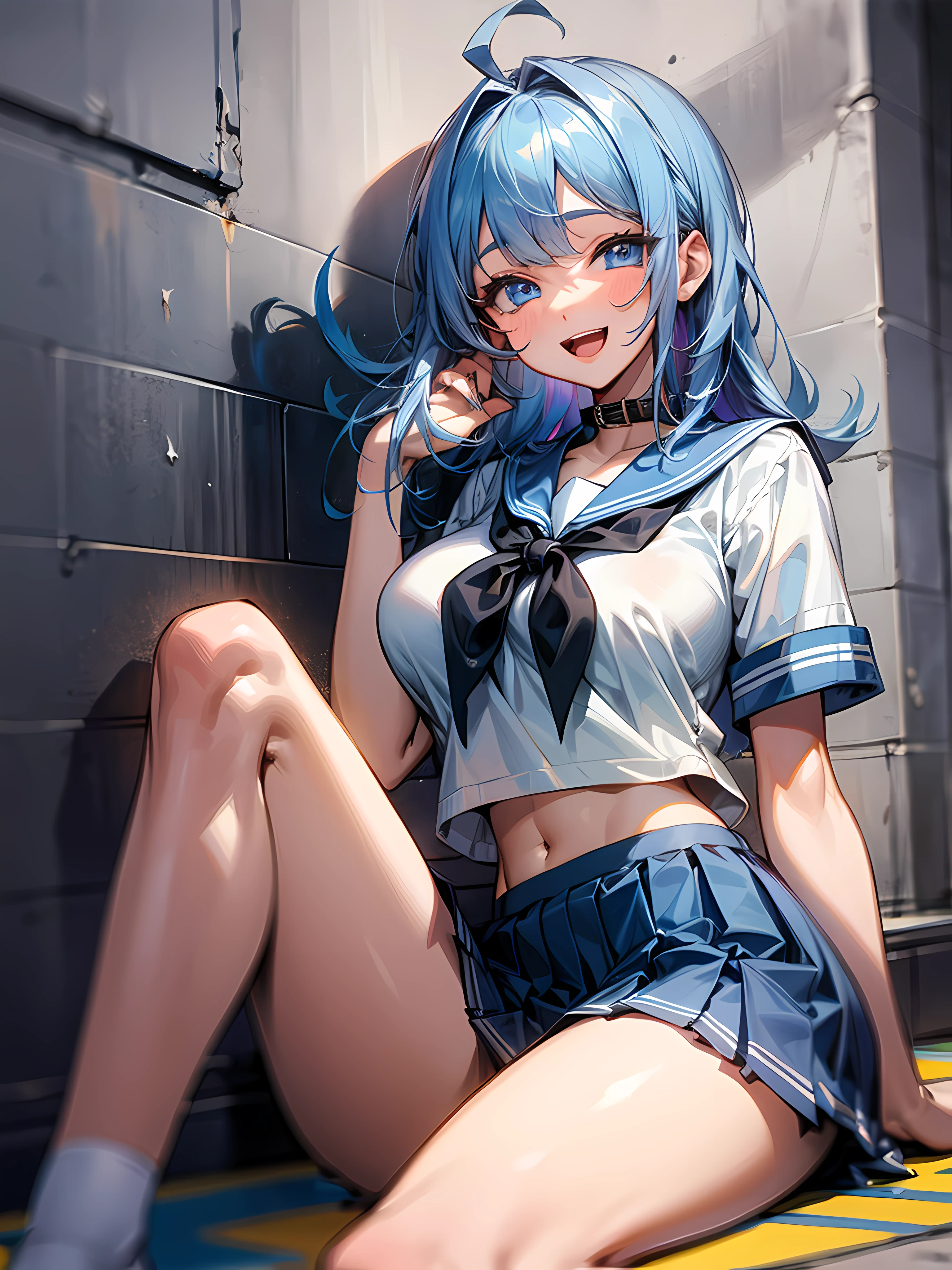 1girll, sitting down on the floor, Place your phone to your ear, Blowing hair, Long hair, blue color eyes,Shining eyes,Detailed eyes,Skirt, Solo, upper legs, Sailor school uniform, navel, Pleated skirt, midriff, Blue eyes, White shirt, Collar, Smile, Medium breasts, view the viewer, Open mouth,,Large breasts,