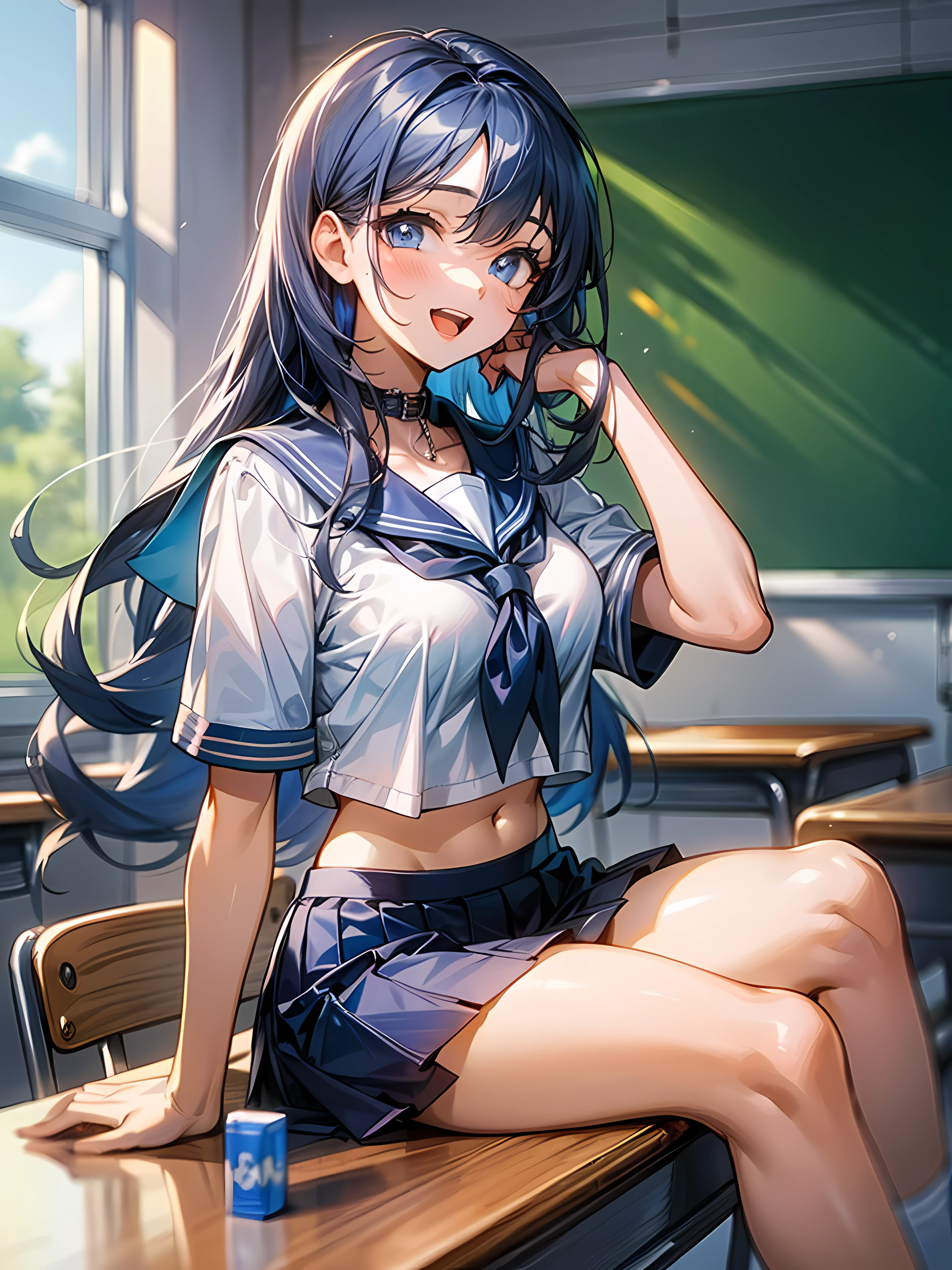 1girll, sitting on the classroom desk, Classroom, Blowing hair, Long hair, blue color eyes,Shining eyes,Detailed eyes,Skirt, Solo, upper legs, Sailor school uniform, navel, Pleated skirt, midriff, Blue eyes, White shirt, Collar, Smile, Medium breasts, view the viewer, Open mouth,,Large breasts,