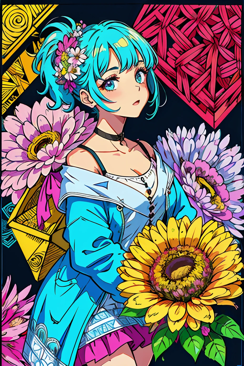 (ultra-detailed background, detailed background), absurdres, highres, ultra detailed, extremly detailed, 1girl, (bunch of flowers:1.3), (zentangle:1.2), (geometric:1.2),(colorful),