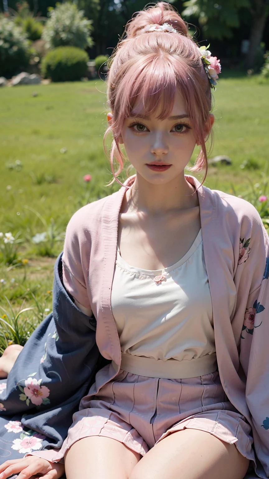photo of girl, cute lithorts hair, cute little fingers, (pink hair:1.2), wearing an cute kimono suit, blue kimono, pink foxtail, flowers in hair, sitting on the grass,
best quality, realistic, photorealistic, (intricate details:1.2), (delicate detailed), (cinematic light), clear line, sharp focus, realistic face, detailed face
unity 8k wallpaper, ultra high res, (photorealistic:1.4), looking at the camera,