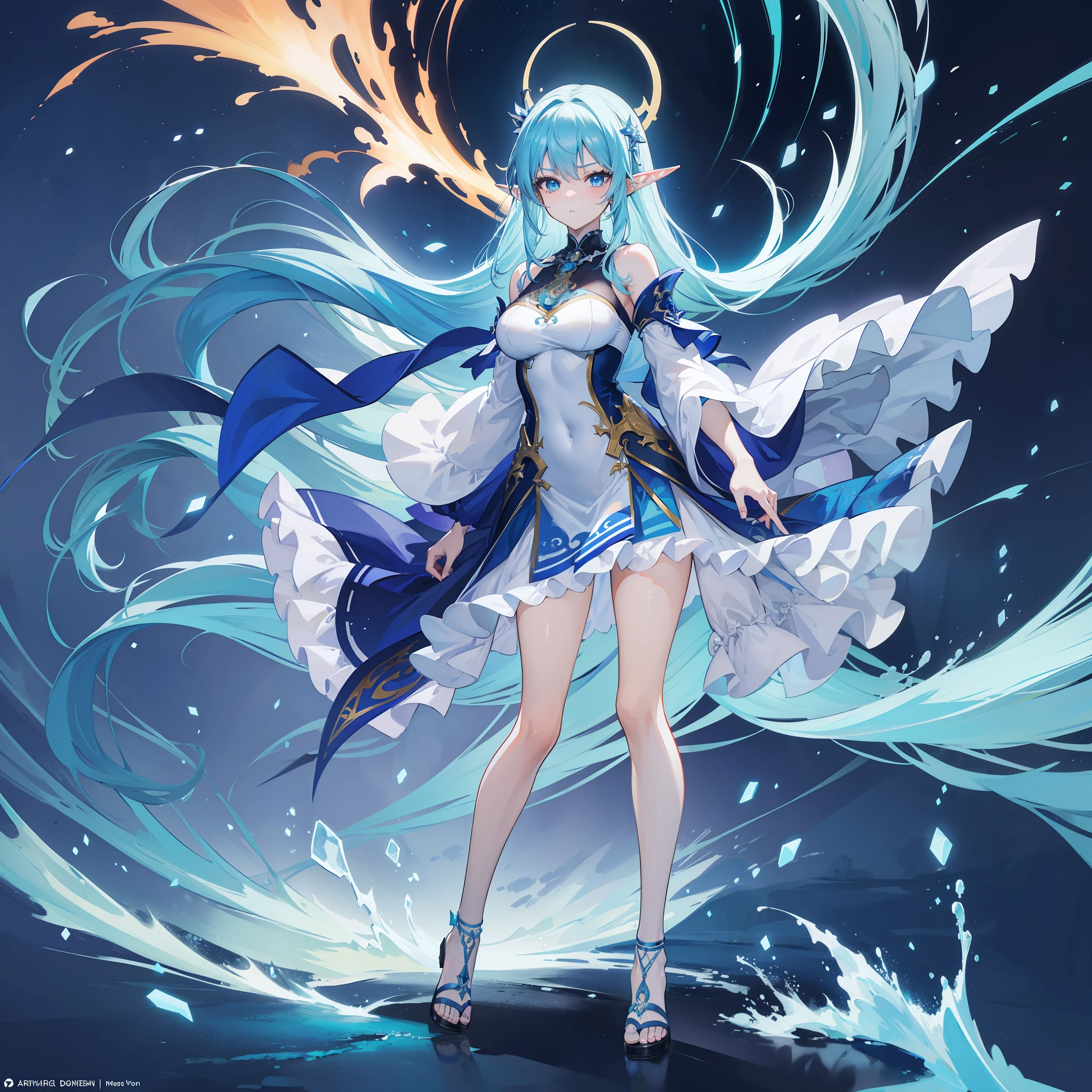 anime - style image of a woman with blue hair and a blue dress, extremely detailed artgerm, trending on artstation pixiv, artgerm on artstation pixiv, 8k high quality detailed art, dream artgerm, genshin, 2. 5 d cgi anime artwork,((elf ears)), ((long hair)), ((light clothing)), ((full body)), plain background, (one girl)