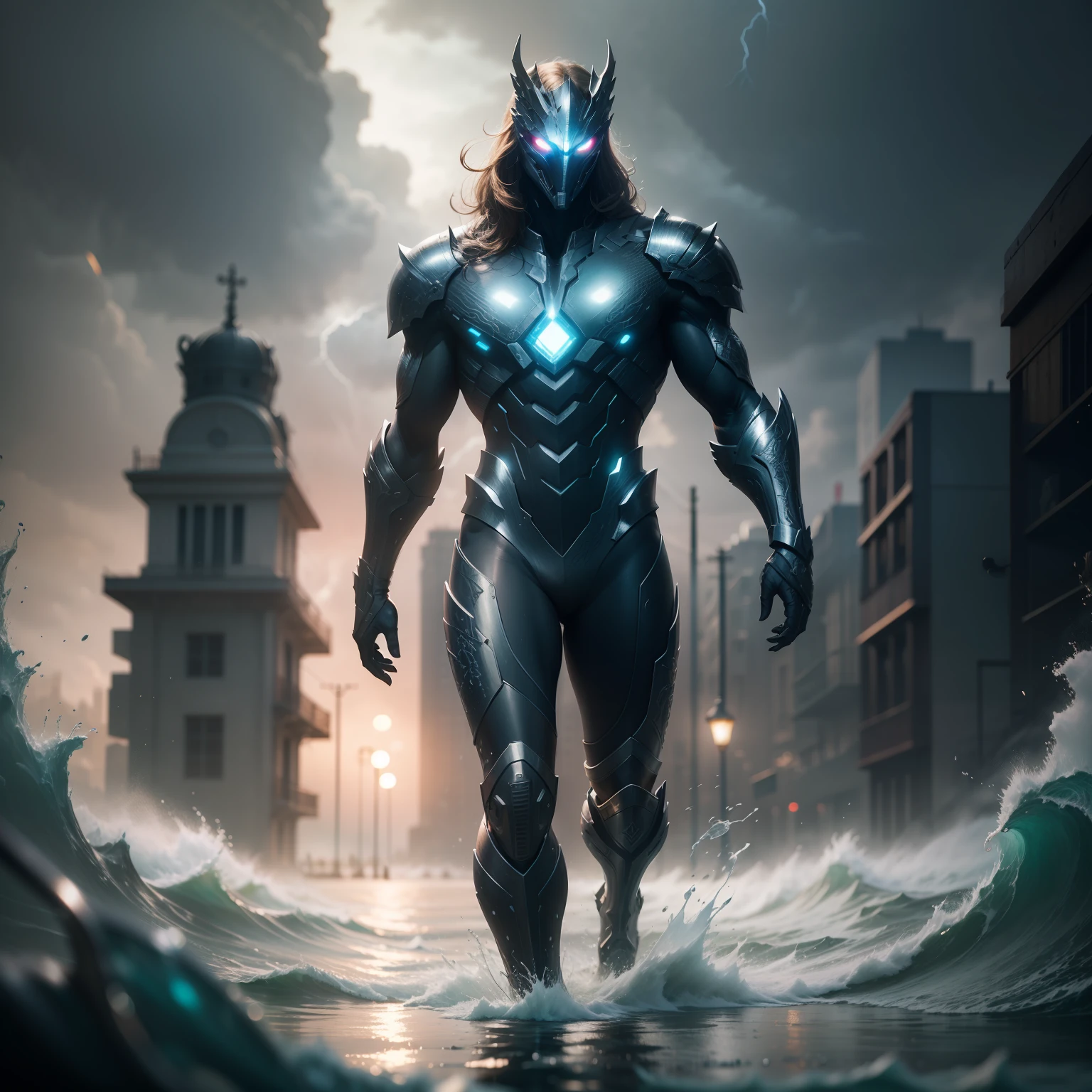 Hydra walking on water in a storm, masterpiece, best quality, high quality, extremely detailed CG unit 8k wallpaper, award winning photography, Bokeh, Depth of Field, HDR, bloom, Chromatic aberration, photorealistic, extremely detailed, trending on artstation, trending on CGsociety, intricate, high detail, dramatic, mid-journey art, volumetric lighting