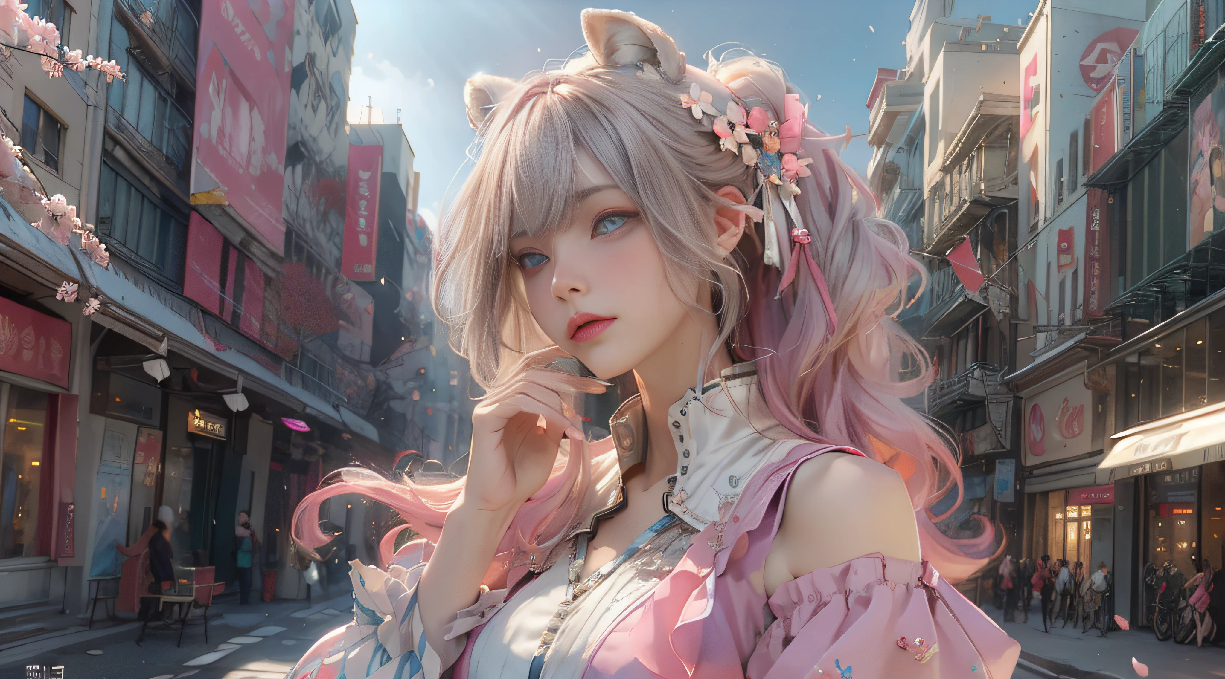 ((best qualtiy)), ((tmasterpiece)), (detail:1.4), Beautiful cyberpunk female images,hdr(HighDynamicRange),Ray traching,NVIDIA RTX,Hyper-Resolution,illusory 5,sub surface scattering,PBR textures,post-proces,Anisotropy Filtering,depth of fields,maximum definition and sharpness,Many-Layer Textures,Albedo e mapas Speculares,Surface coloring,Mitsu-Accurate simulation of material interactions,perfectly proportioned,rendering by octane,Two-colored light,largeaperture,Low ISO,White balance,Rule three points、8K raw data、Beautiful bright blue pupils,off-the-shoulder clothes,Fine pupils,Delicate face and eyes,long eyelasher,Blushlush,Delicate and fluffy hair,pink lip,Pure,Cute face,Sweet girl,Artistic sense,Casual wear,Advancedsense,butterflys,Cherry blossom petal,Beautiful hair accessories,Long hair and waist,Hair fluttering in the wind,Snow-white fox ears,curlies