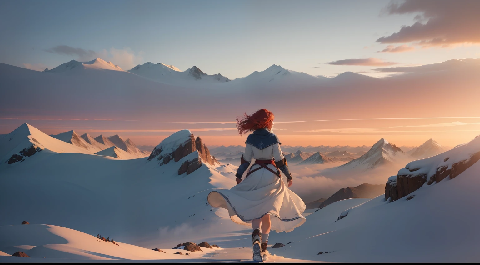 A breathtaking scene unfolds as a beautiful warrior girl with fiery red, short hair donning a brown and white outfit gracefully strides through a desolate and icy landscape, surrounded by majestic mountains. Each step she takes is almost ethereal, her hair billowing in the wind like a true embodiment of freedom and strength. The muted colors of her attire blend perfectly with the serene backdrop, creating a stark contrast against the vivid blue and white hues of the icy mountains. The vastness of the landscape seems to stretch infinitely, evoking a sense of solitude and tranquility. As the sun casts its warm golden light upon her, her freckled face lights up with a captivating smile, radiating warmth and optimism even in the harshest of environments. This picturesque moment captures the essence of both a beautifully painted artwork and a frozen photograph in time, showcasing the harmonious blend of artistic imagination and the raw reality of nature's splendor