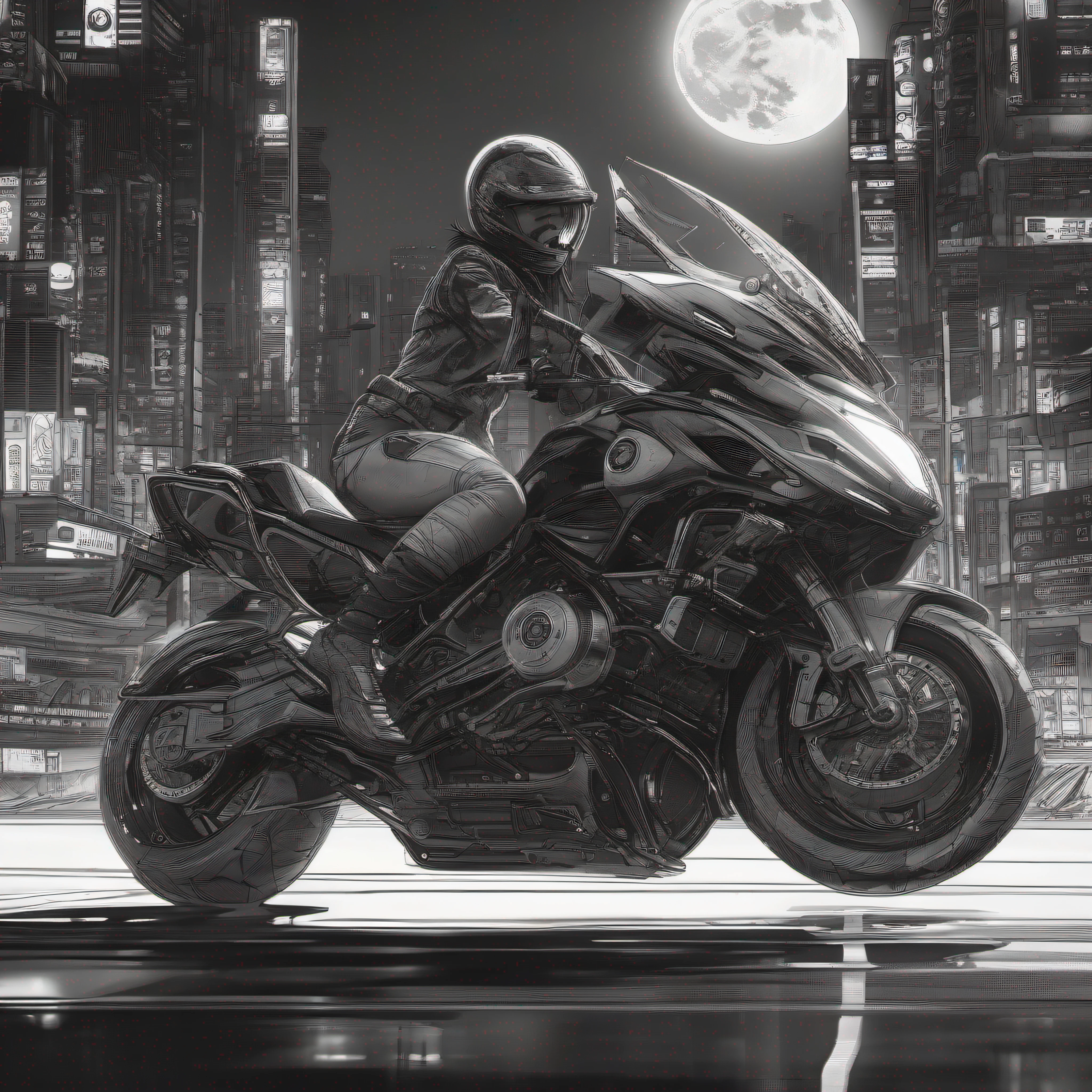 best quality, masterpiece, photo, 4K, photorealistic,
1girl riding motobike, techwear, cyberpunk city, solo, futuristic, huge moon in the background, black and white, by Akira Toriyama, closeup,