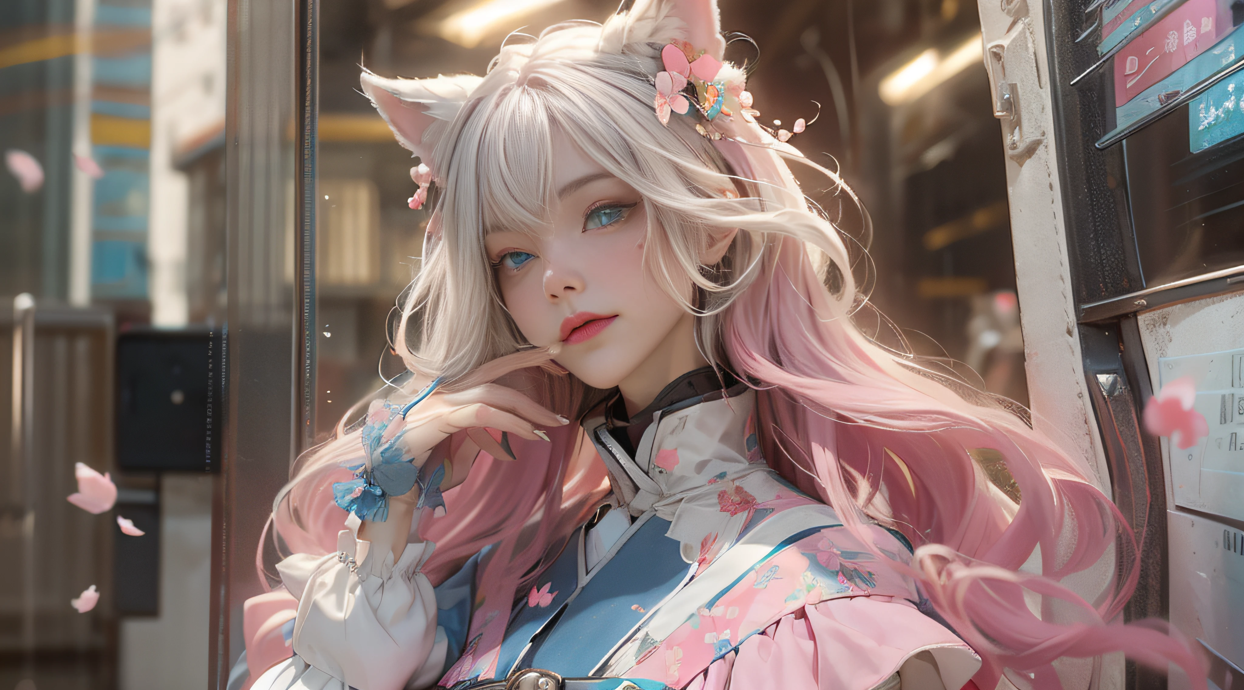 （（best qualtiy））， （（tmasterpiece））， （detail：1.4）， Beautiful cyberpunk female images，hdr（HighDynamicRange），Ray traching，NVIDIA RTX，Hyper-Resolution，illusory 5，sub surface scattering，PBR textures，post-proces，Anisotropy Filtering，depth of fields，maximum definition and sharpness，Many-Layer Textures，Albedo e mapas Speculares，Surface coloring，Mitsu-Accurate simulation of material interactions，perfectly proportioned，rendering by octane，Two-colored light，largeaperture，Low ISO，White balance，Rule three points、8K raw data、Beautiful bright blue pupils，off-the-shoulder clothes，Fine pupils，Delicate face and eyes，long eyelasher，Blushlush，Delicate and fluffy hair，pink lip，Pure，Cute face，Sweet girl，Artistic sense，Casual wear，Advancedsense，butterflys，Cherry blossom petal，Beautiful hair accessories，Long hair and waist，Hair fluttering in the wind，Snow-white fox ears，curlies，Snow-white fluffy tail
