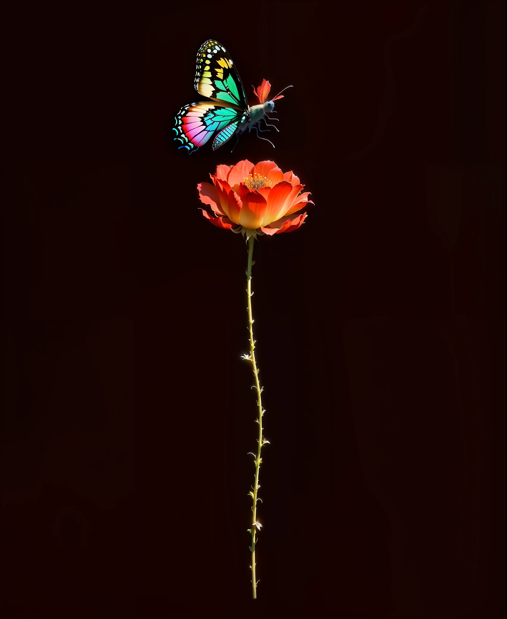 There is a butterfly that is flying over a red flower, papoula, flor delicada brilhante, em um fundo preto, flor vermelha, Directed by: Maki Haku, foto muito bonita, 2014, 2 0 1 4, a beautiful artwork illustration, obra-prima obra de arte, com um fundo preto, flor bonita, Directed by: Tanaka Isson, papoilas vermelhas