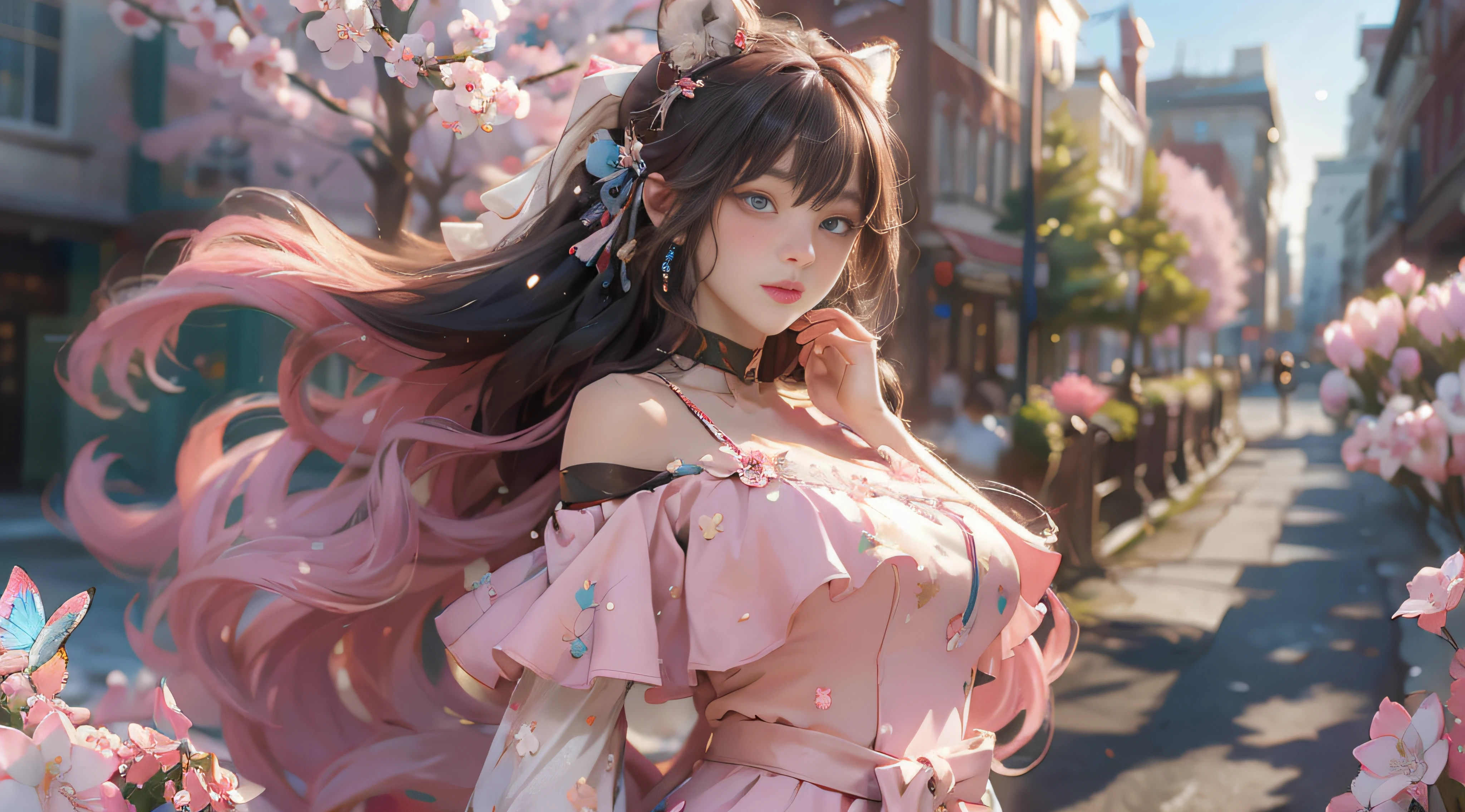 ((best qualtiy)), ((tmasterpiece)), (detail:1.4), Beautiful cyberpunk female images,hdr(HighDynamicRange),Ray traching,NVIDIA RTX,Hyper-Resolution,illusory 5,sub surface scattering,PBR textures,post-proces,Anisotropy Filtering,depth of fields,maximum definition and sharpness,Many-Layer Textures,Albedo e mapas Speculares,Surface coloring,Mitsu-Accurate simulation of material interactions,perfectly proportioned,rendering by octane,Two-colored light,largeaperture,Low ISO,White balance,Rule three points、8K raw data、Beautiful bright blue pupils,off-the-shoulder clothes,Fine pupils,Delicate face and eyes,long eyelasher,Blushlush,Delicate and fluffy hair,pink lip,Pure,Cute face,Sweet girl,Artistic sense,Casual wear,Advancedsense,butterflys,Cherry blossom petal,Beautiful hair accessories,Long hair and waist,Hair fluttering in the wind,Snow-white fox ears,curlies