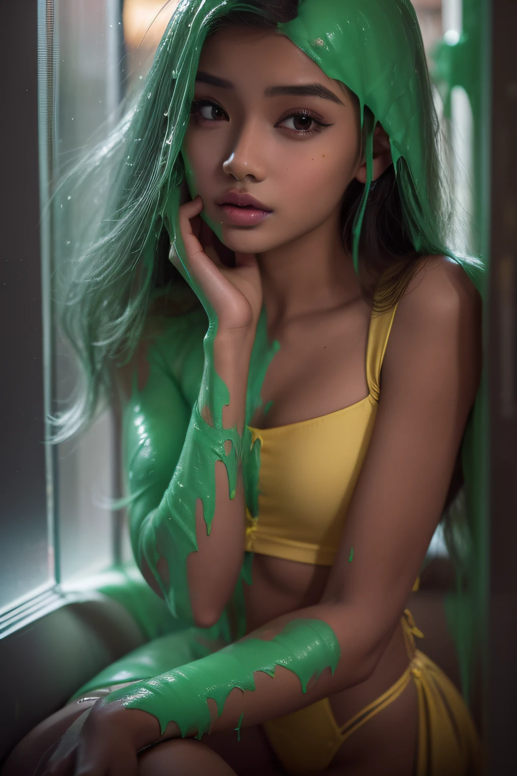 8k, hd, masterpiece, cinematic light, top quality, ultra realistic, hyper detailed, (18-year-old Filipina model: 1.9), (Asian woman: 1.9), (1 woman: 1.1), beautiful, slender body, satin dress, thick eyeliner, long eyelashes, heavy makeup, young model, cleavage, beautiful face, delicate eyes, (small breasts: 1.1), artists photograph, portrait photograph, view from above, Canon DSLR, f/2.0 aperture, (lens flairs: 1.1), (closeup: 1.4), kneeling, (mouth wide open: 1.2), looking up, posing for photo, sexy, alluring, sultry, begging, (thick slime dripping down head: 1.9), (thick slime dripping down hair: 1.9), (thick slime dripping down body: 1.9)