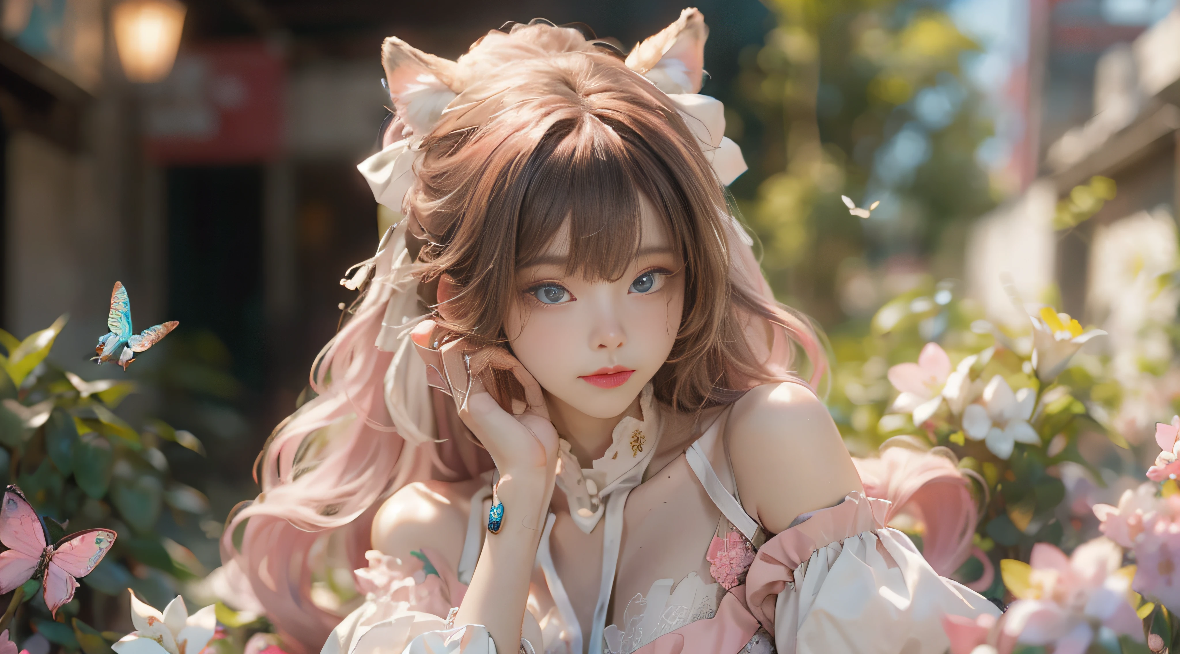 ((best qualtiy)), ((tmasterpiece)), (detail:1.4), Beautiful cyberpunk female images,hdr(HighDynamicRange),Ray traching,NVIDIA RTX,Hyper-Resolution,illusory 5,sub surface scattering,PBR textures,post-proces,Anisotropy Filtering,depth of fields,maximum definition and sharpness,Many-Layer Textures,Albedo e mapas Speculares,Surface coloring,Mitsu-Accurate simulation of material interactions,perfectly proportioned,rendering by octane,Two-colored light,largeaperture,Low ISO,White balance,Rule three points、8K raw data、Beautiful bright blue pupils,off-the-shoulder clothes,Fine pupils,Delicate face and eyes,long eyelasher,Blushlush,Delicate and fluffy hair,pink lip,Pure,Cute face,Sweet girl,Artistic sense,Casual wear,Advancedsense,butterflys,Cherry blossom petal,Beautiful hair accessories,Long hair and waist,Hair fluttering in the wind,Snow-white fox ears,curlies,Lots of white and pink,Complicated details