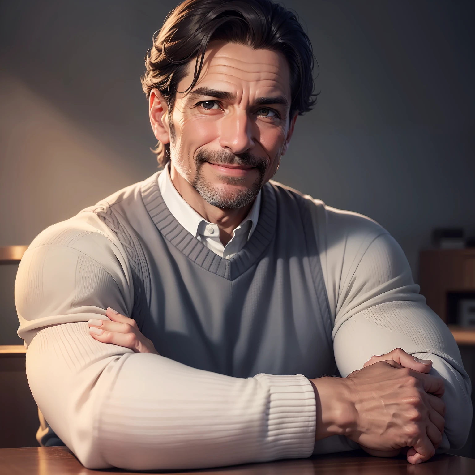 Homem de 45 anos rico empreendedor coach motivacional, in a formally dressed sweater, sorridente, in a position that demonstrates confidence, against a background of a photo shoot, parecendo muito respeitoso, arms crossed