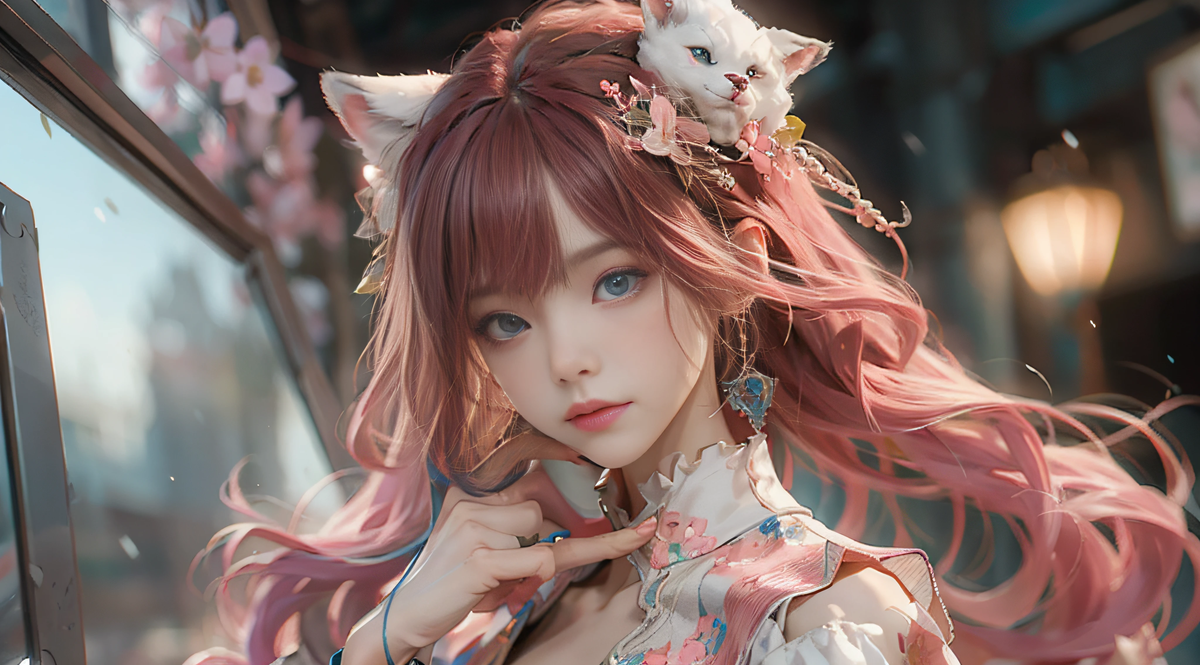 ((best qualtiy)), ((tmasterpiece)), (detail:1.4), Beautiful cyberpunk female images,hdr(HighDynamicRange),Ray traching,NVIDIA RTX,Hyper-Resolution,illusory 5,sub surface scattering,PBR textures,post-proces,Anisotropy Filtering,depth of fields,maximum definition and sharpness,Many-Layer Textures,Albedo e mapas Speculares,Surface coloring,Mitsu-Accurate simulation of material interactions,perfectly proportioned,rendering by octane,Two-colored light,largeaperture,Low ISO,White balance,Rule three points、8K raw data、Beautiful bright blue pupils,off-the-shoulder clothes,Fine pupils,Delicate face and eyes,long eyelasher,Blushlush,Delicate and fluffy hair,pink lip,Pure,Cute face,Sweet girl,Artistic sense,Casual wear,Advancedsense,butterflys,Cherry blossom petal,Beautiful hair accessories,Long hair and waist,Hair fluttering in the wind,Snow-white fox ears,curlies,Lots of white and pink,Complicated details