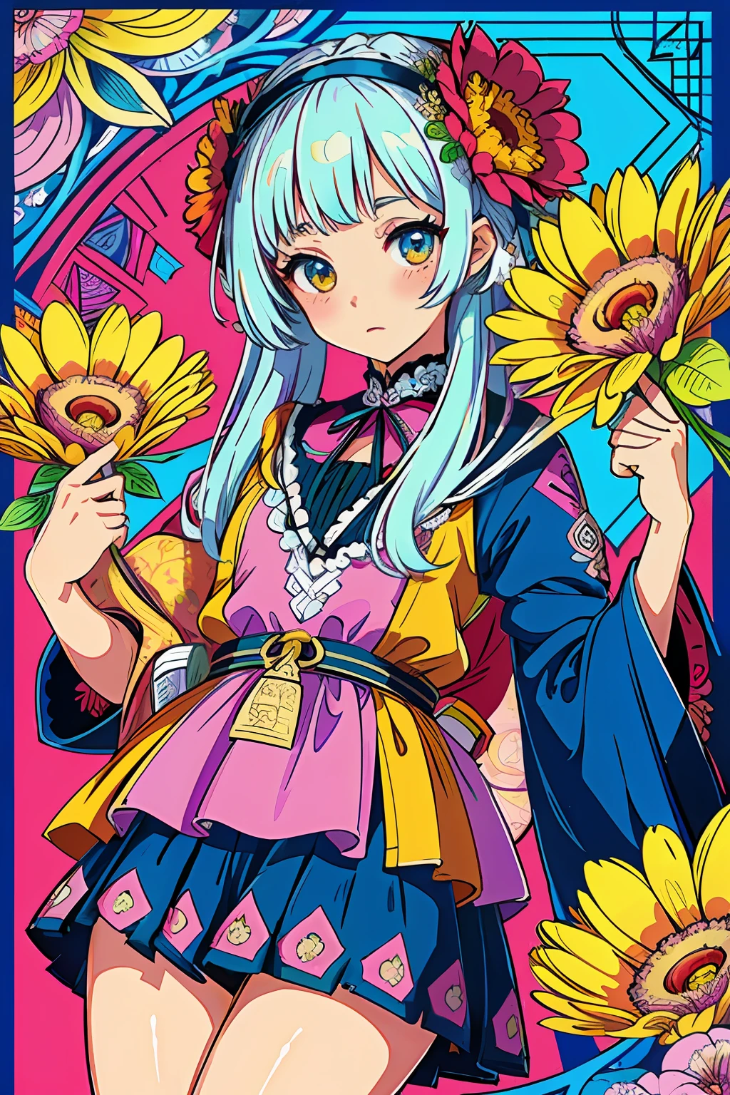 (ultra-detailed background, detailed background), absurdres, highres, ultra detailed, extremly detailed, 1girl, (bunch of flowers:1.3), (zentangle:1.2), (geometric:1.2),(colorful),