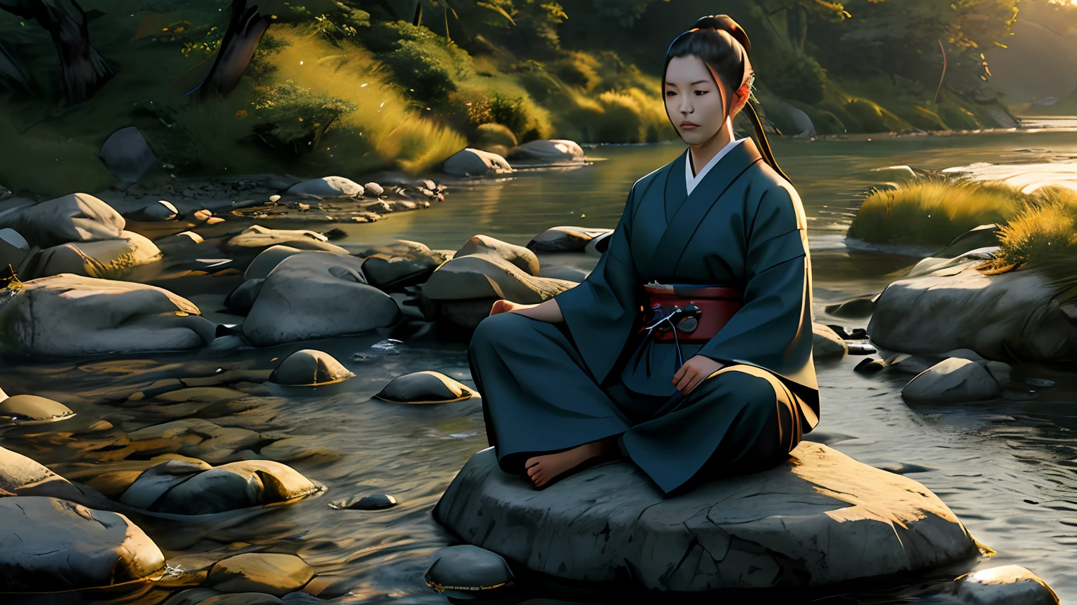 Beautiful Samurai, Meditating sitting, on the edge of a river full of stones, at sunset, ultra realistic photo, perfect face details, good skin texture, perfect shadows and light, award winning photo