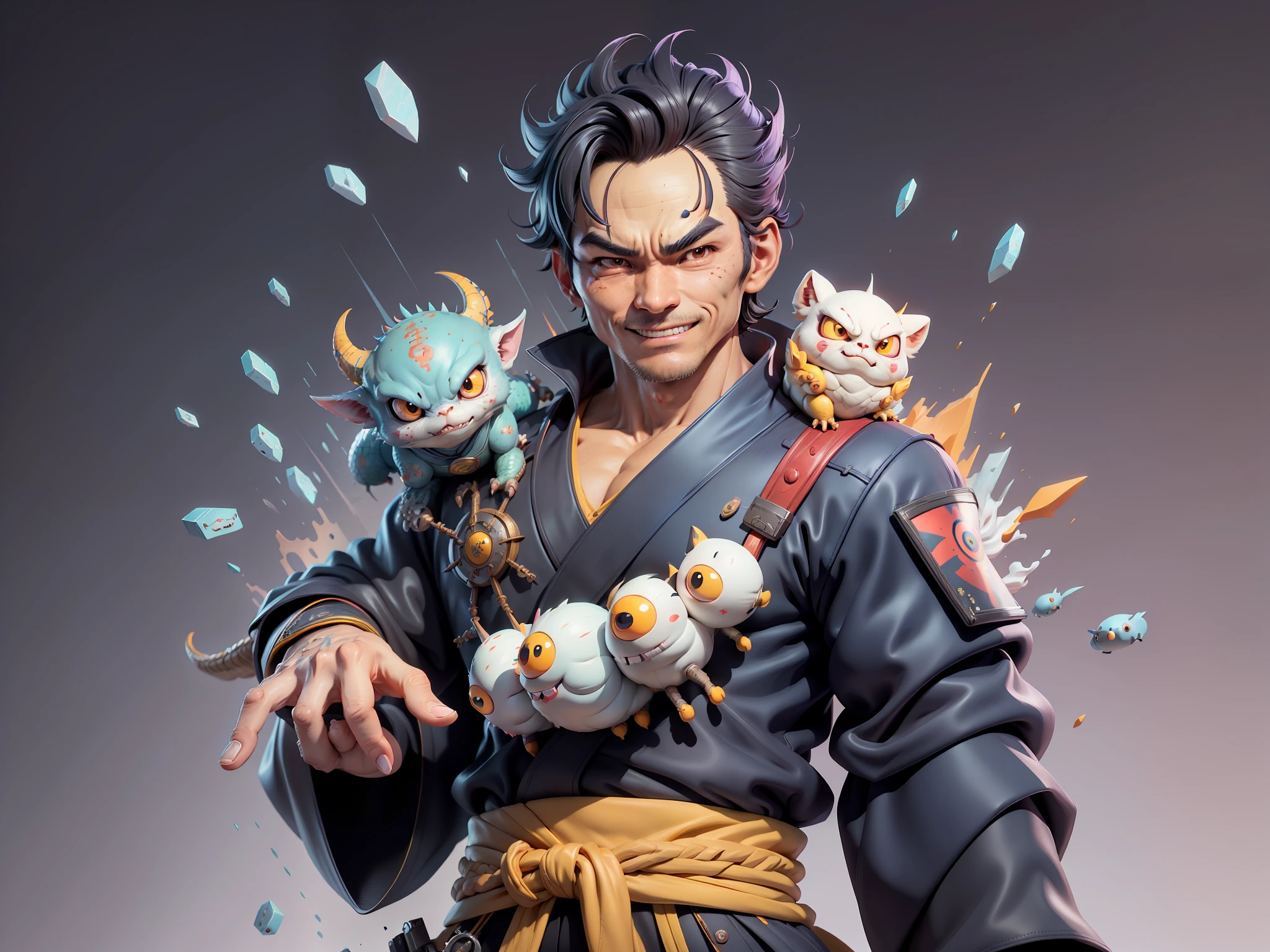 (Daisaku),(Need),(Super meticulous),(full bodyesbian:1.2),Super young man with Japanese geisha,Beautiful,Oriental dragon,Aeolian Thor,Raised sexy,爆乳,Oriental face,TV Anchor,Bust portrait illustration,In black suit,a blue tie,The face is slightly chubby,The face was clean,without a beard,Black super short hair,Black eyes,Smile confidently,3C computer sub-products,iPad, iphone,Digital painting,3D character design by Mark Clairen and Pixar and Hayao Miyazaki and Akira Toriyama,The illustration is a high-definition illustration in 4K resolution,With very detailed facial features and cartoon-style visuals。