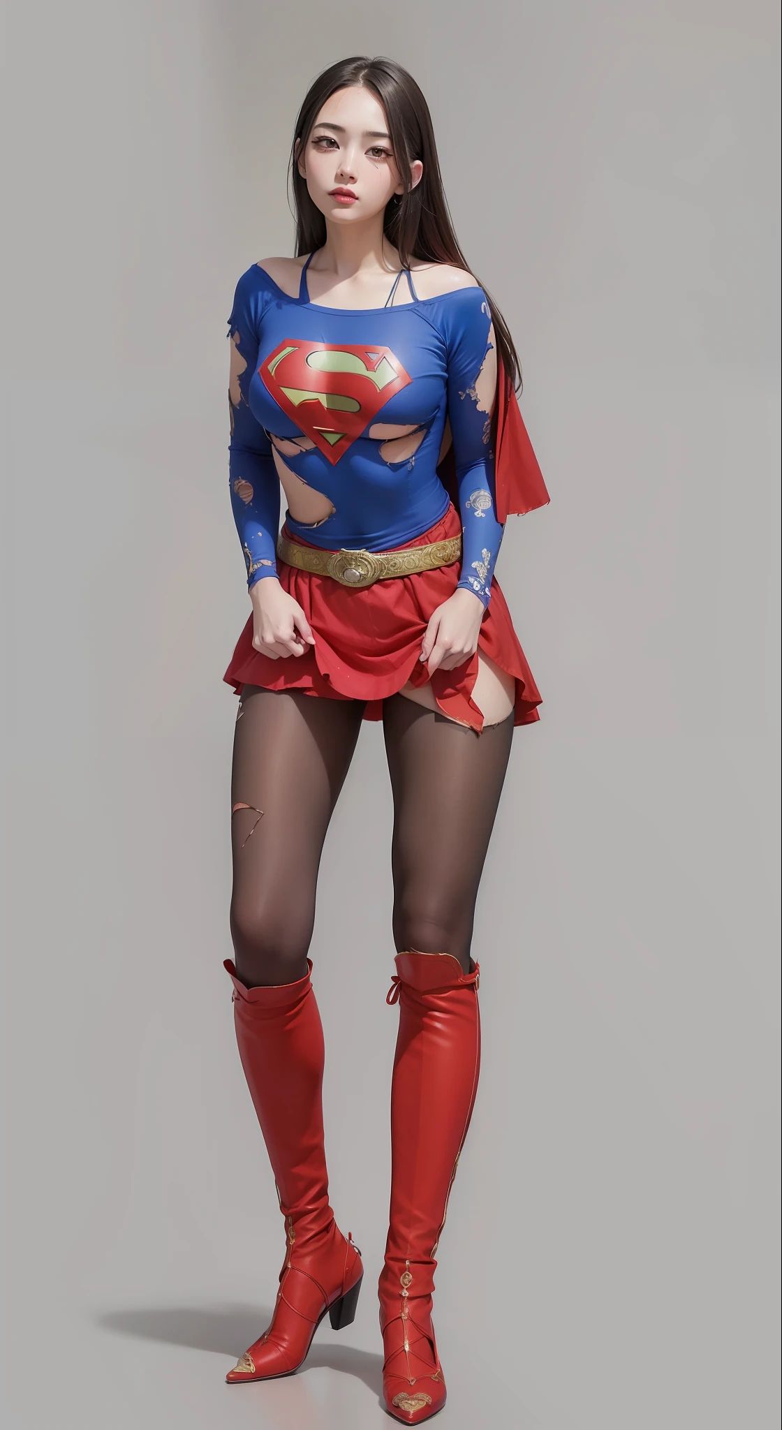 super girl、Superheroine、Bishoujo Warrior、defeat、Painful look、sleep、Costumes that fit the body line、musculature、teats、Tattered costume、torn、masterpiece, top-quality, (realisitic, Photorealsitic:1.4), (RAW Photography:1.2), the Extremely Detailed CG Unity 8K Wallpapers, extremely delicate and beautiful, astonishing, finely detail, Official Art, absurderes, Incredibly ridiculous, huge filesize, ultra-detailliert, ighly detailed, a beautiful detailed girl, extremely detailed eye and face, beatiful detailed eyes, Light on the face, 1girl in, length hair, dishevled hair, ((longwavy hair))