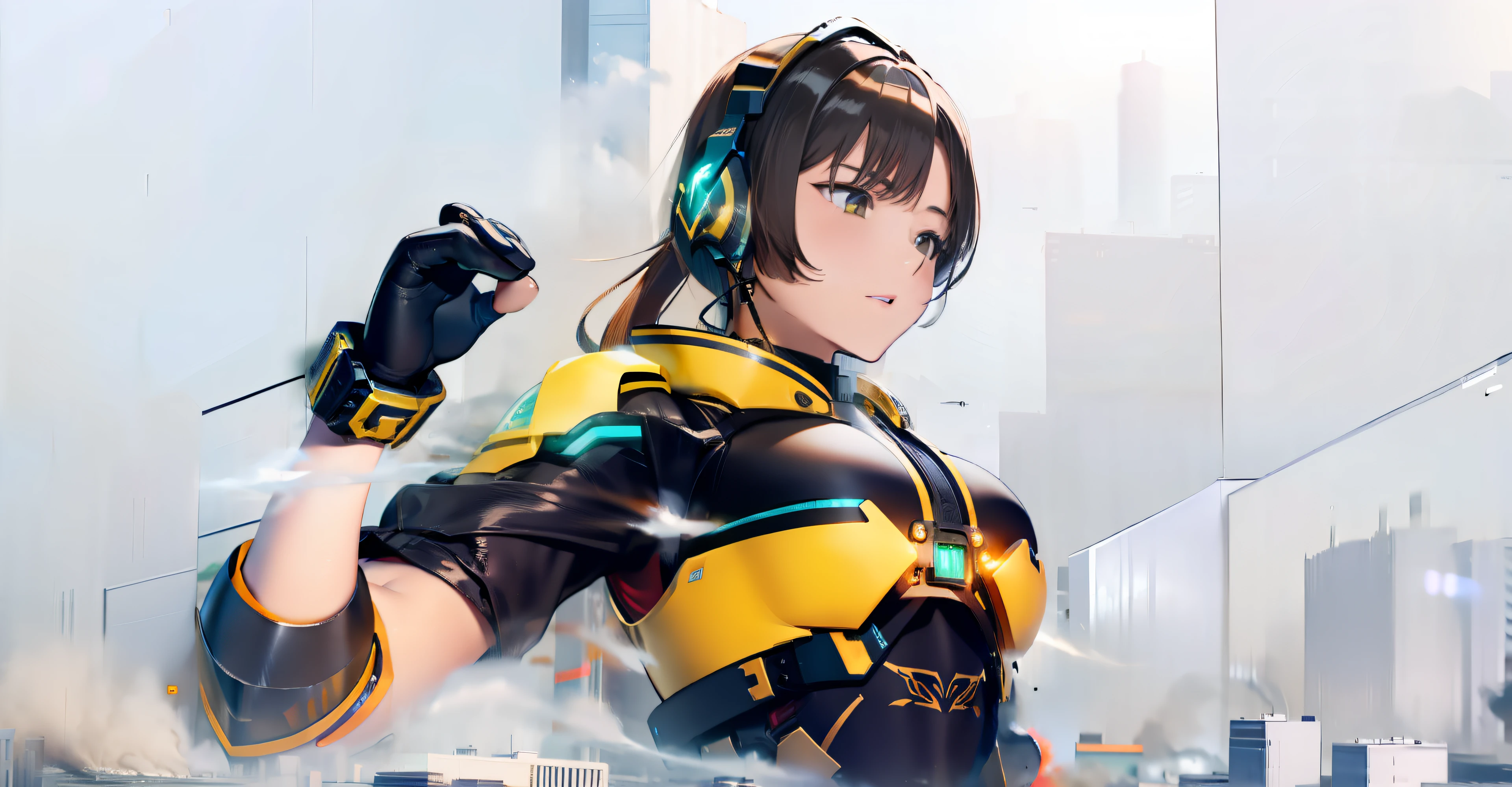 background of a futuristic city、Sparks fill the screen、Ayaka Genshin Impact, yellow ranger, 4k concept photo, fighting stance energy, Girl wearing headphones, All cast members, Physical : tinyest midriff ever, Laser Tag, tatsuki fujimoto, nffsw、very plump and large breasts and udders,、Serious look、A slender、A dark-haired