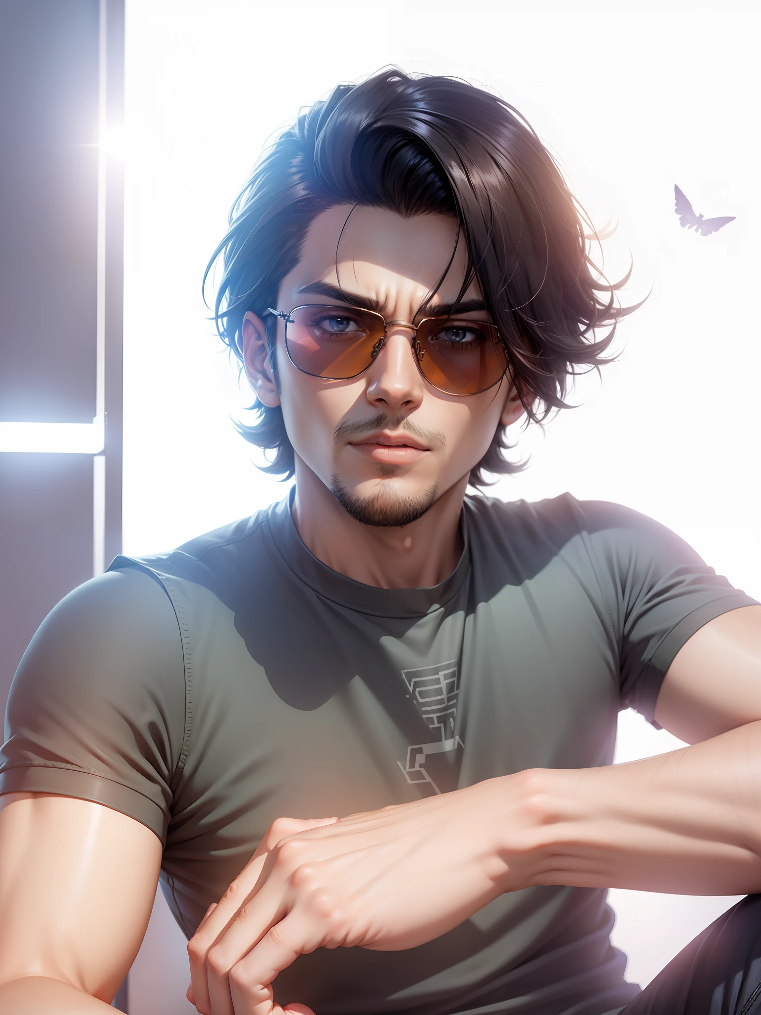 change background look realistic,male anime character,add sun glasses,dark background