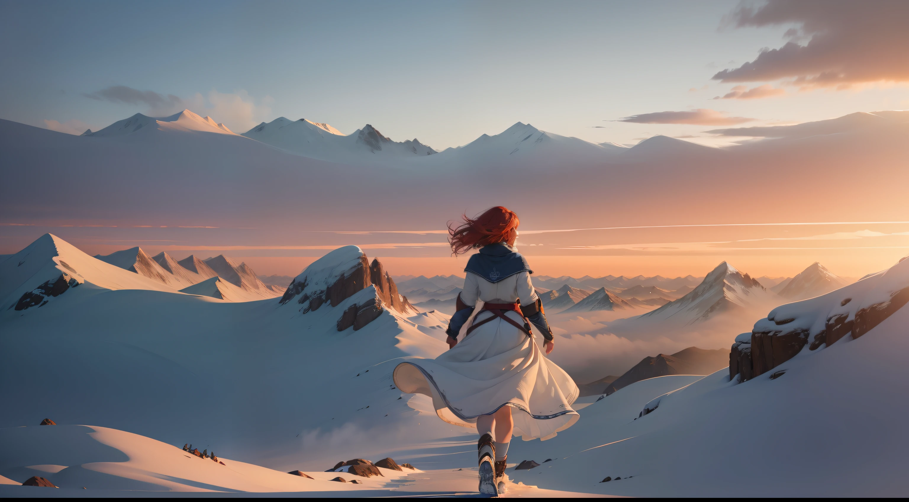 A breathtaking scene unfolds as a beautiful warrior girl with fiery red, short hair donning a brown and white outfit gracefully strides through a desolate and icy landscape, surrounded by majestic mountains. Each step she takes is almost ethereal, her hair billowing in the wind like a true embodiment of freedom and strength. The muted colors of her attire blend perfectly with the serene backdrop, creating a stark contrast against the vivid blue and white hues of the icy mountains. The vastness of the landscape seems to stretch infinitely, evoking a sense of solitude and tranquility. As the sun casts its warm golden light upon her, her freckled face lights up with a captivating smile, radiating warmth and optimism even in the harshest of environments. This picturesque moment captures the essence of both a beautifully painted artwork and a frozen photograph in time, showcasing the harmonious blend of artistic imagination and the raw reality of nature's splendor