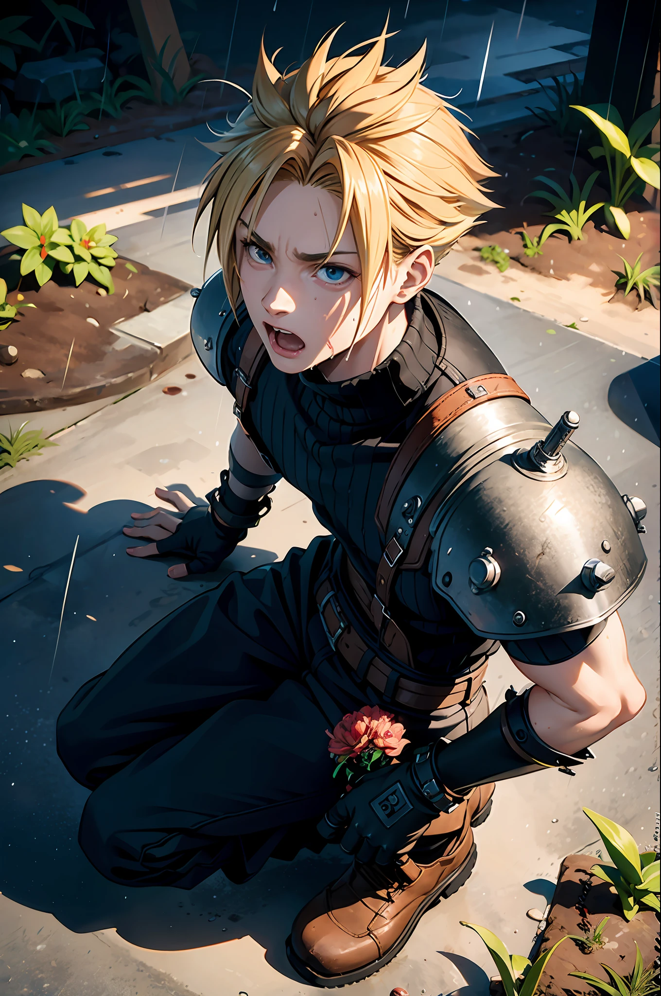 (best quality), (masterpiece), (realistic,) (photo-realistic), ultra-detailed,(from above:1.3),aerial view,
1boy,male focus,(looking up:1.4),(sitting:1.1),
cloud strife, shoulder armor, sleeveless turtleneck, suspenders, belt, baggy pants, gloves, bracer, boots,
(blood face:1.3),red liquid on face,(open mouth:0.9),shocked,
buster sword on the ground,
outdoor,(rain:1.5),wet,Wasteland,soil ground,
professional lighting, photon mapping, physically-based rendering,