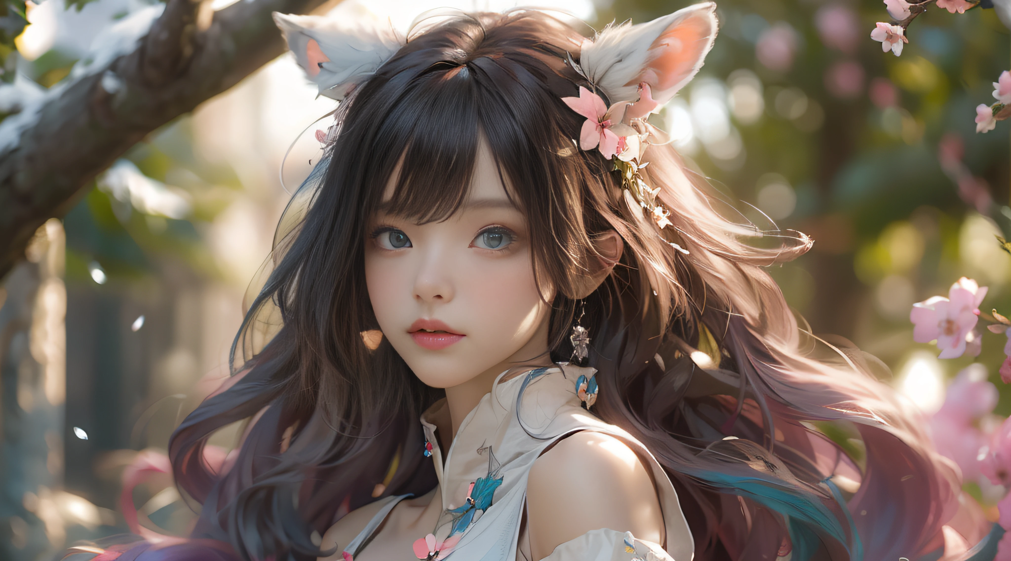 ((best qualtiy)), ((tmasterpiece)), (detail:1.4), Beautiful cyberpunk female images,hdr(HighDynamicRange),Ray traching,NVIDIA RTX,Hyper-Resolution,illusory ub surface scaing,PBR textures,post-proces,Anisotropy Filtering,depth of fields,maximum definition and sharpness,Many-Layer Textures,Albedo e mapas Speculares,Surface coloring,Mitsu-Accurate simulation of material interacctly proportioned,rendering by octane,Two-colored light,largeaperture,Low ISO,White balance,Rule three points、8K raw data、Beautiful bright blue pupils,off-the-shoulder clothes,Fine pupils,Delicate face and eyes,long eyelasher,Blushlush,Delicate and fluffy hair,pink lip,Pure,Cute face,Sweet girl,Artistic sense,Casual wear,Advancedsense,butterflys,Cherry som petal,Beautiful hair accessories,Long hair and waist,Hair fluttering in the wind,Snow-white fox ears,curlies,Snow-white fluffy tail