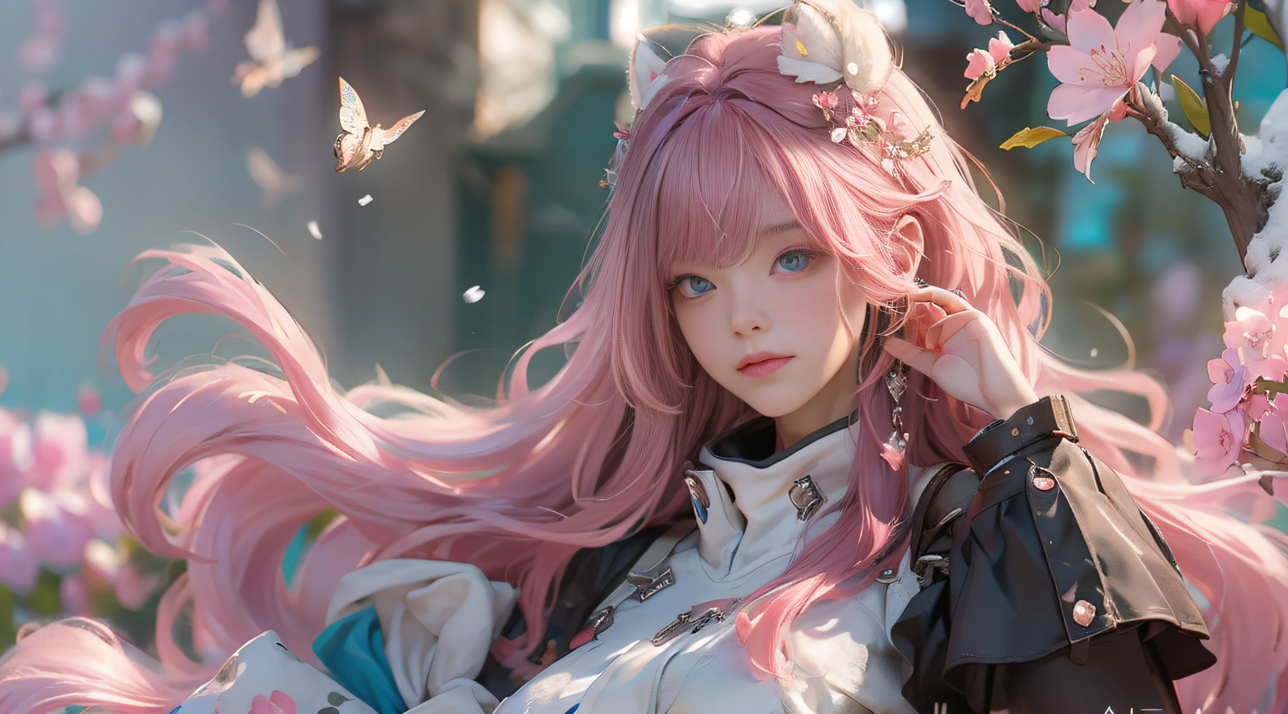 ((best qualtiy)), ((tmasterpiece)), (detail:1.4), Beautiful cyberpunk female images,hdr(HighDynamicRange),Ray traching,NVIDIA RTX,Hyper-Resolution,illusory 5,sub surface scattering,PBR textures,post-proces,Anisotropy Filtering,depth of fields,maximum definition and sharpness,Many-Layer Textures,Albedo e mapas Speculares,Surface coloring,Mitsu-Accurate simulation of material interactions,perfectly proportioned,rendering by octane,Two-colored light,largeaperture,Low ISO,White balance,Rule three points、8K raw data、Beautiful bright blue pupils,off-the-shoulder clothes,Fine pupils,Delicate face and eyes,long eyelasher,Blushlush,Delicate and fluffy hair,pink lip,Pure,Cute face,Sweet girl,Artistic sense,Casual wear,Advancedsense,butterflys,Cherry blossom petal,Beautiful hair accessories,Long hair and waist,Hair fluttering in the wind,Snow-white fox ears,curlies,Snow-white fluffy tail