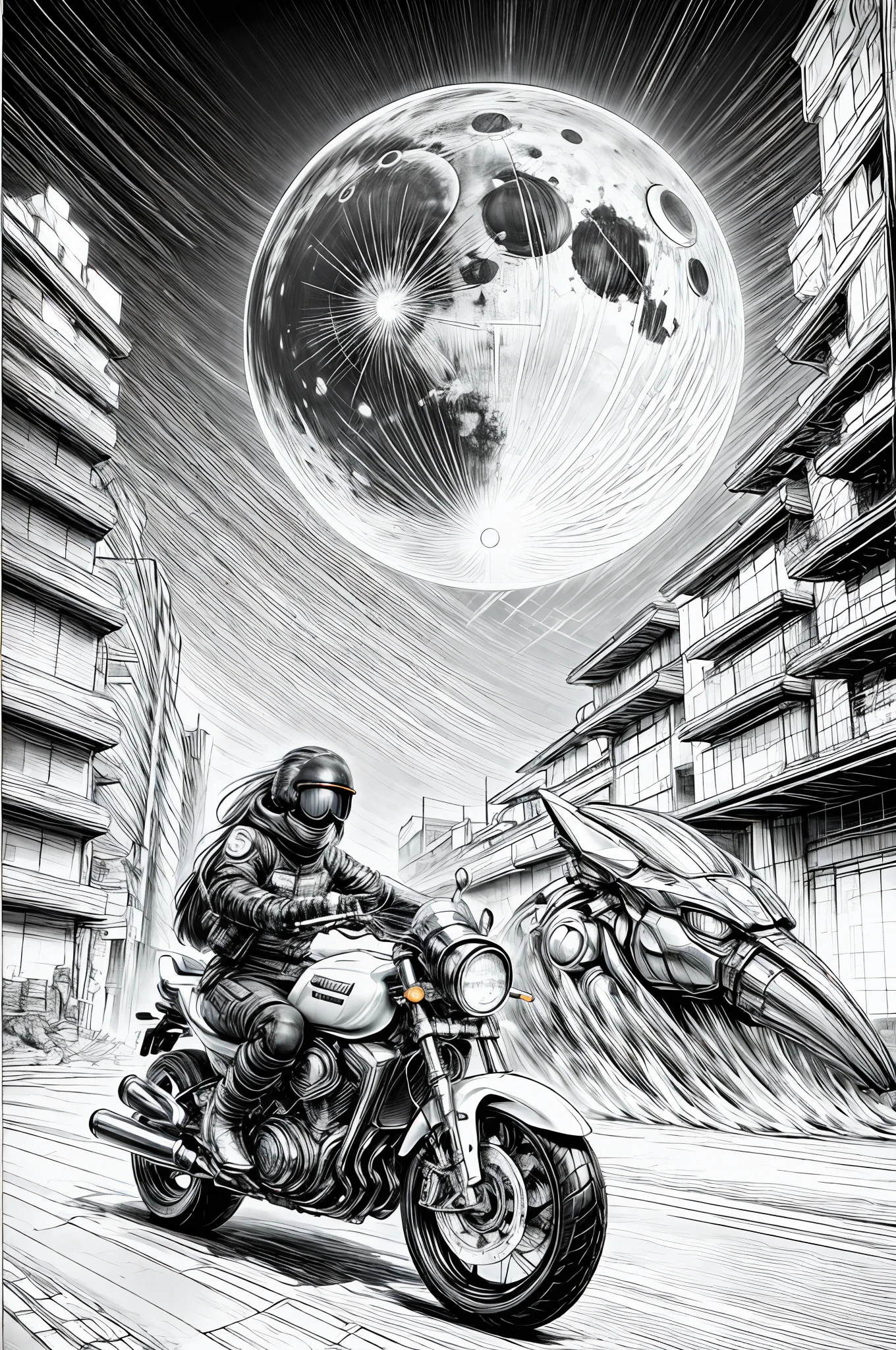 best quality, masterpiece, photo, 4K, photorealistic,
1girl riding motobike, techwear, cyberpunk city, solo, futuristic, huge moon in the background, black and white, by Akira Toriyama, closeup,