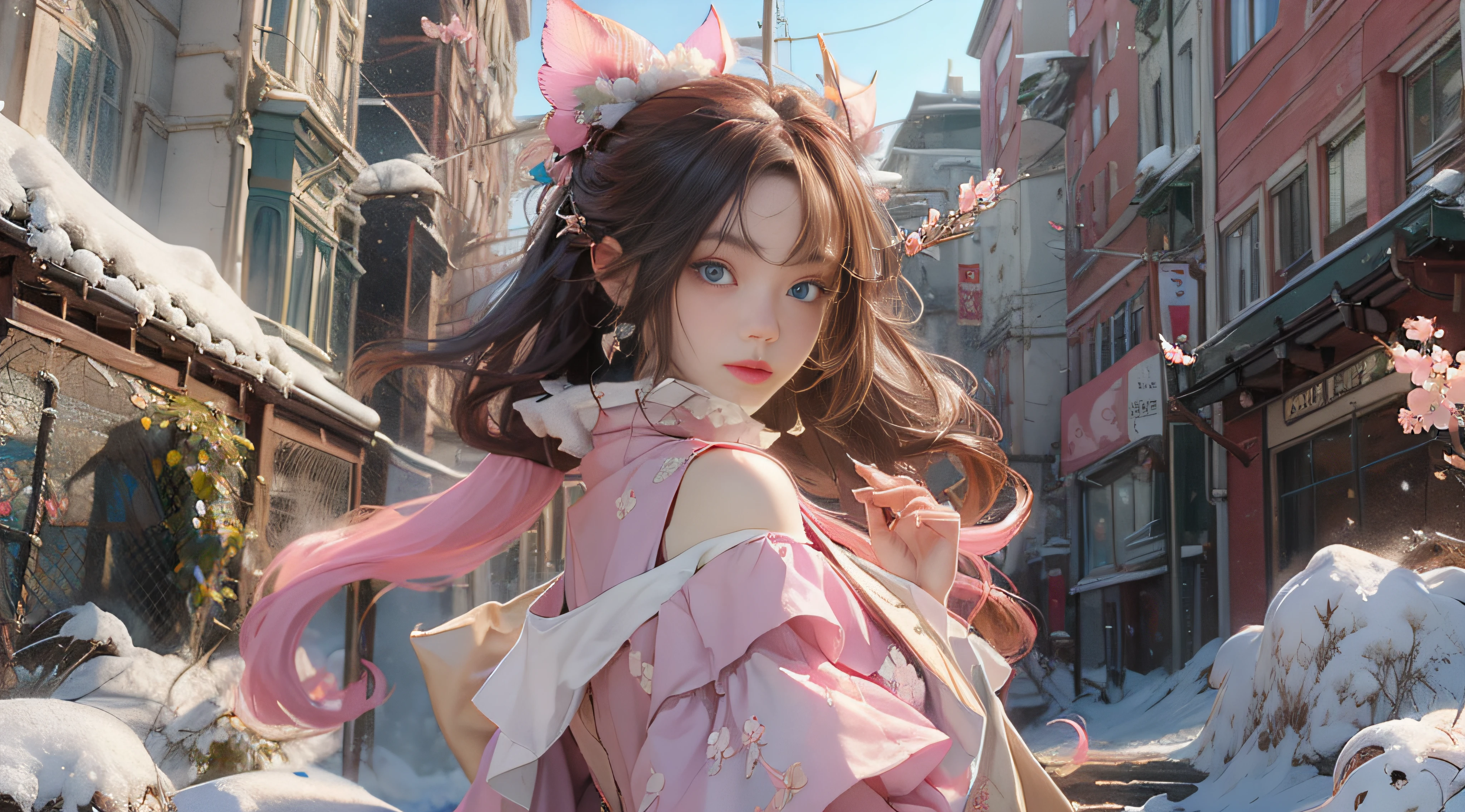 ((best qualtiy)), ((tmasterpiece)), (detail:1.4), Beautiful cyberpunk female images,hdr(HighDynamicRange),Ray traching,NVIDIA RTX,Hyper-Resolution,illusory 5,sub surface scattering,PBR textures,post-proces,Anisotropy Filtering,depth of fields,maximum definition and sharpness,Many-Layer Textures,Albedo e mapas Speculares,Surface coloring,Mitsu-Accurate simulation of material interactions,perfectly proportioned,rendering by octane,Two-colored light,largeaperture,Low ISO,White balance,Rule three points、8K raw data、Beautiful bright blue pupils,off-the-shoulder clothes,Fine pupils,Delicate face and eyes,long eyelasher,Blushlush,Delicate and fluffy hair,pink lip,Pure,Cute face,Sweet girl,Artistic sense,Casual wear,Advancedsense,butterflys,Cherry blossom petal,Beautiful hair accessories,Long hair and waist,Hair fluttering in the wind,Snow-white fox ears,curlies,Snow-white fluffy tail