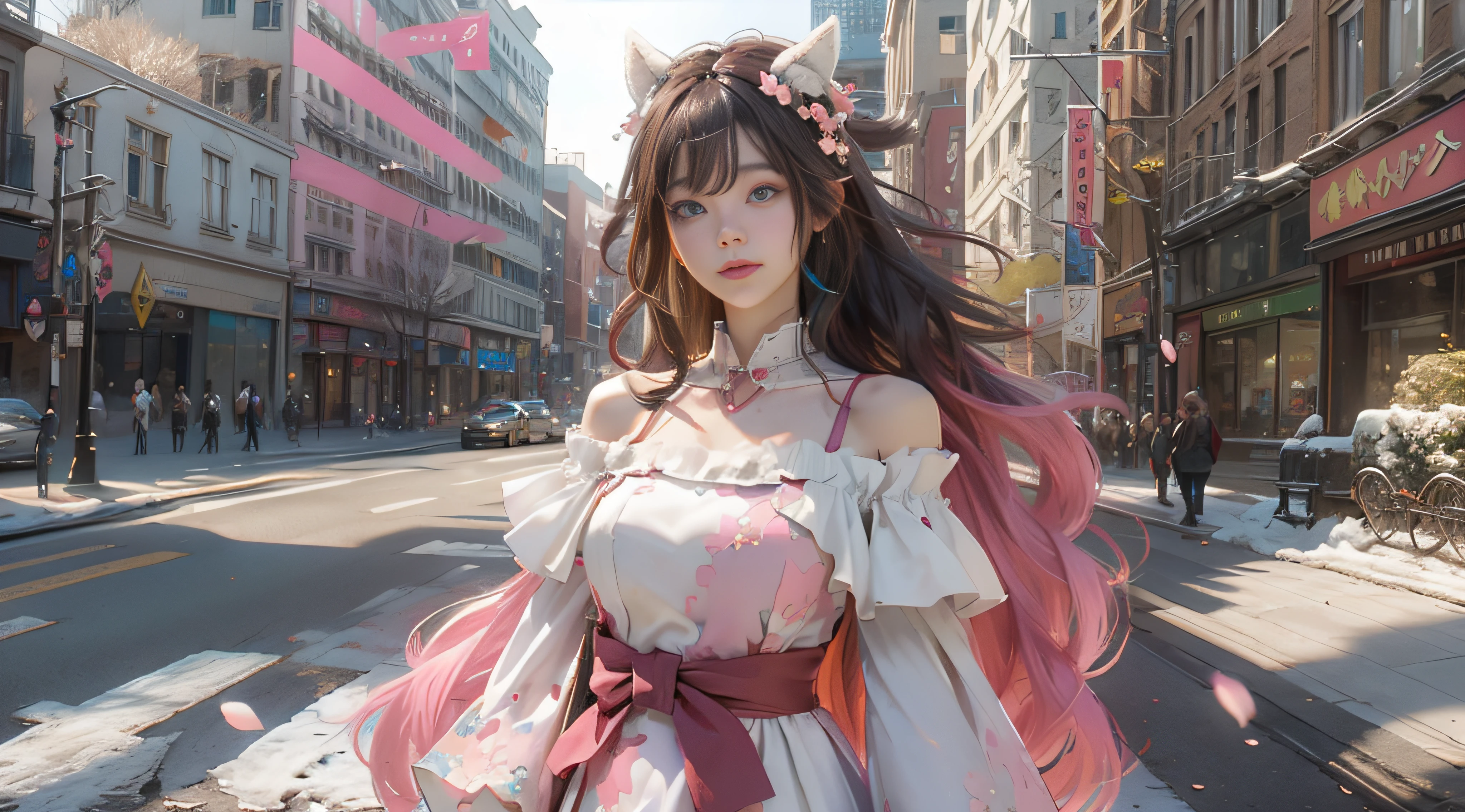 （（best qualtiy））， （（tmasterpiece））， （detail：1.4）， Beautiful cyberpunk female images，hdr（HighDynamicRange），Ray traching，NVIDIA RTX，Hyper-Resolution，illusory 5，sub surface scattering，PBR textures，post-proces，Anisotropy Filtering，depth of fields，maximum definition and sharpness，Many-Layer Textures，Albedo e mapas Speculares，Surface coloring，Mitsu-Accurate simulation of material interactions，perfectly proportioned，rendering by octane，Two-colored light，largeaperture，Low ISO，White balance，Rule three points、8K raw data、Beautiful bright blue pupils，off-the-shoulder clothes，Fine pupils，Delicate face and eyes，long eyelasher，Blushlush，Delicate and fluffy hair，pink lip，Pure，Cute face，Sweet girl，Artistic sense，Casual wear，Advancedsense，butterflys，Cherry blossom petal，Beautiful hair accessories，Long hair and waist，Hair fluttering in the wind，Snow-white fox ears，curlies，Snow-white fluffy tail