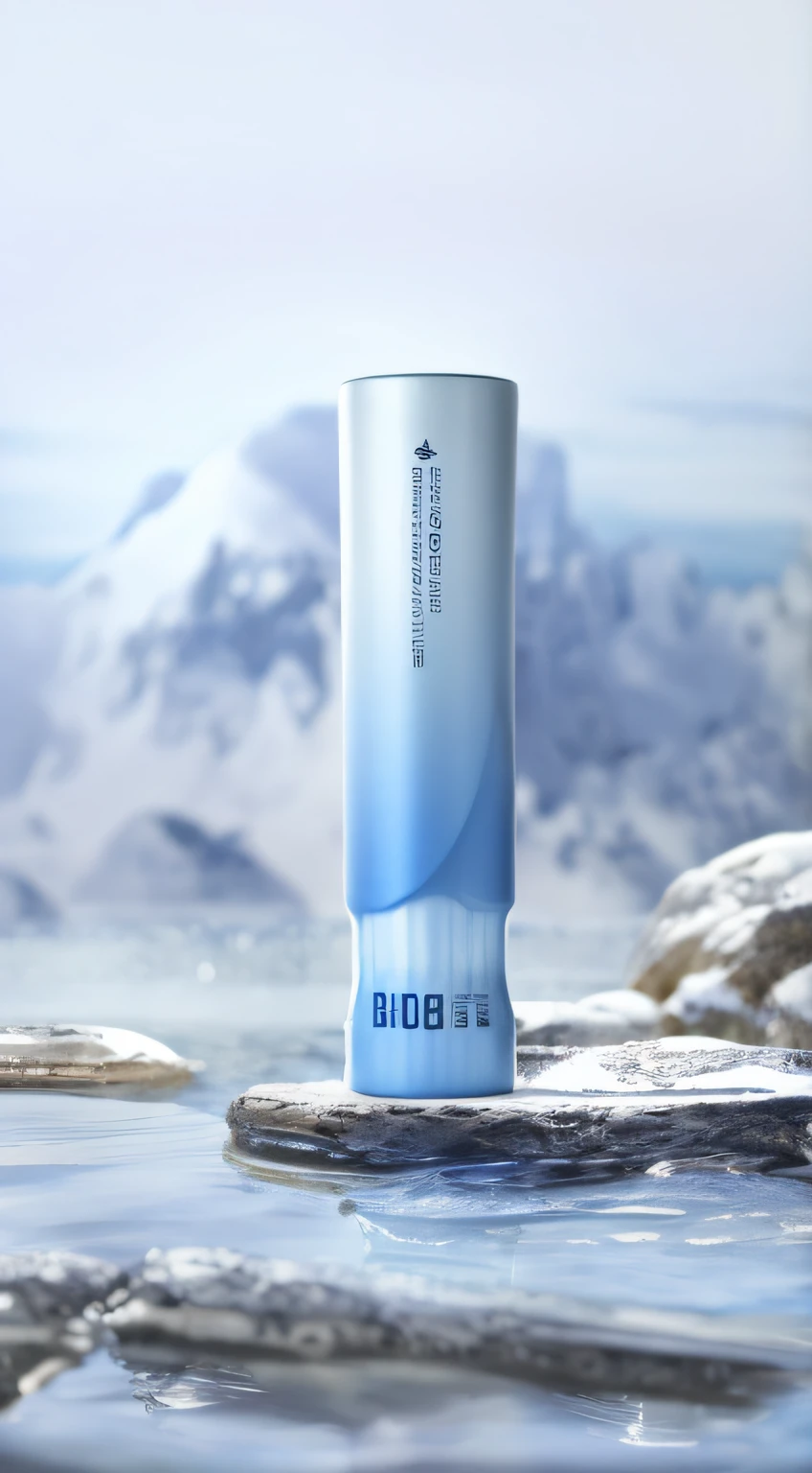 There is a blue-and-white container sitting on a rock in the water, Reflective skin, high quality topical render, freezing blue skin, Inject the Northern Lights, textured base ; product image, rendered in keyshot, sleek cool waterproof design, bubbling skin, blue liquid and snow, smooth bioluminescent skin, superior look, 3 d product render,commerciaphotography, Packaging shooting, Fine focus, Depth of field, 120mm shooting, Hasselblad shooting, Sharply focused commercial photography,8k,hyper-detailing