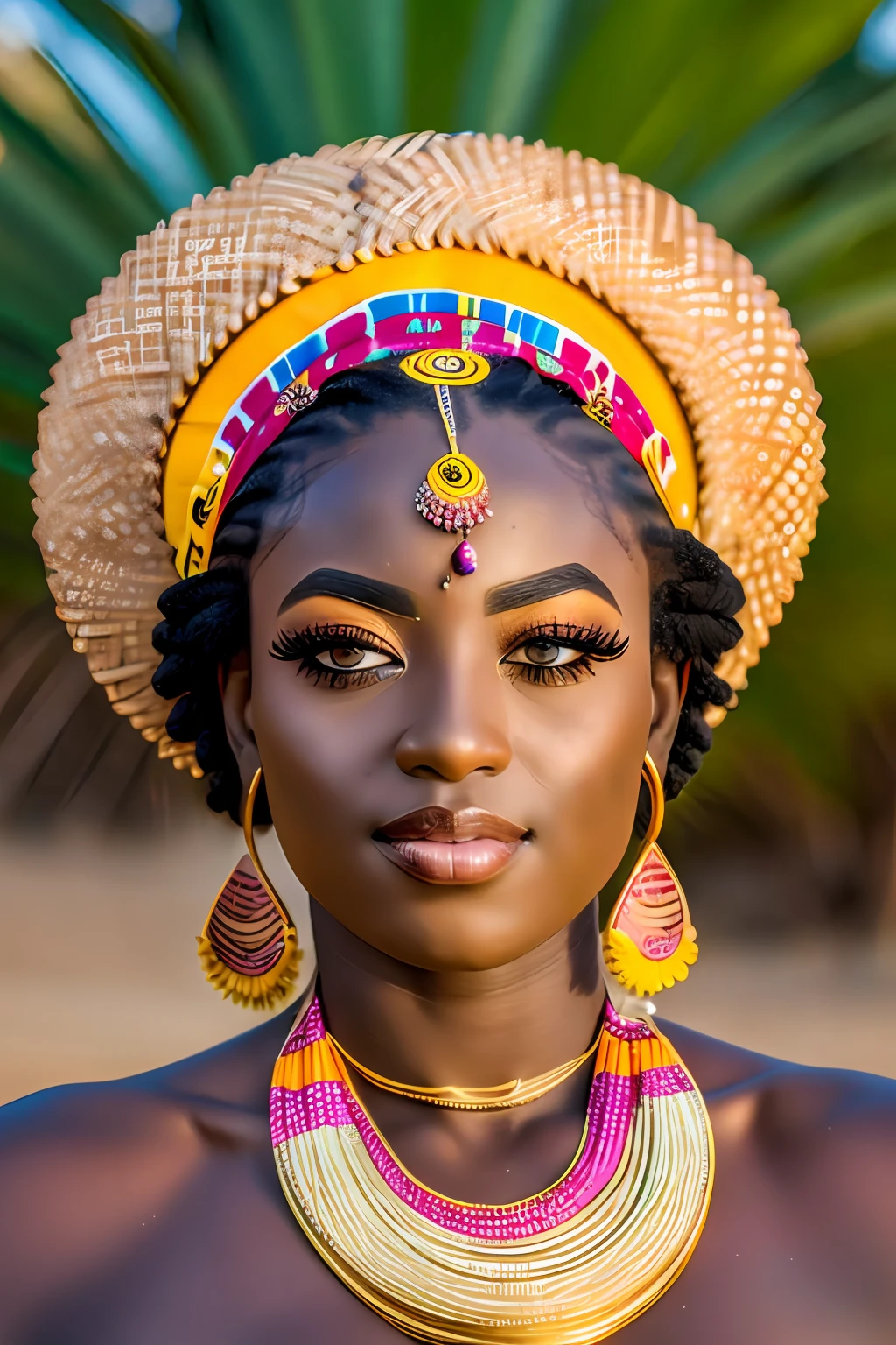 (masterpiece:1.2), (best quality:1.2), perfect eyes, perfect face, perfect lighting, photoshoot, 1girl, mature female wearing SSAHC, SSAHC, dark-skinned, colorful tribal dress, headdress, thick eyelashes, makeup, eyeshadow, medium hair, oasis, desert detailed outdoor background