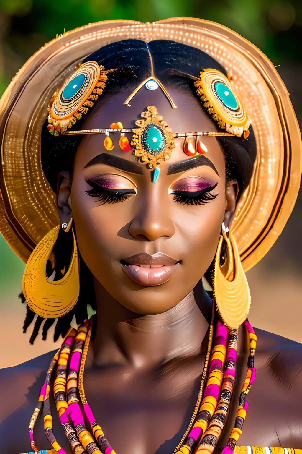 (masterpiece:1.2), (best quality:1.2), perfect eyes, perfect face, perfect lighting, photoshoot, 1girl, mature female wearing SSAHC, SSAHC, dark-skinned, colorful tribal dress, headdress, thick eyelashes, makeup, eyeshadow, medium hair, oasis, desert detailed outdoor background