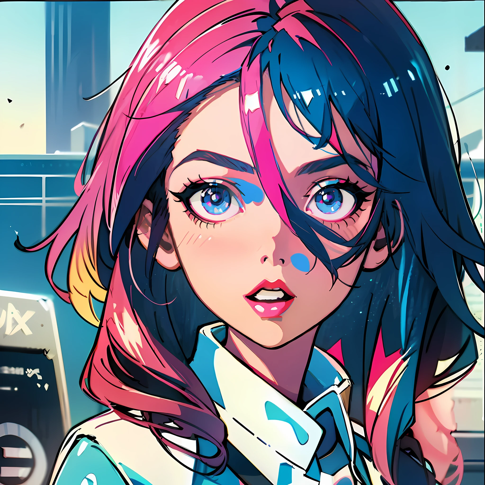 Anime girl with pink hair and blue eyes, Cyberpunk art style, Rosla 1. 0, rossdraws cartoon vibrant, lois van baarle and rossdraws, Digital cyberpunk anime art, loish art style, rossdraws 2. 0, anime styled digital art, cyberpunk artstyle, Anime style. 8K, digitl cyberpunk - anime art，Hair flowing upwards，Her hair was like a nebula，Hair is turning into a nebula