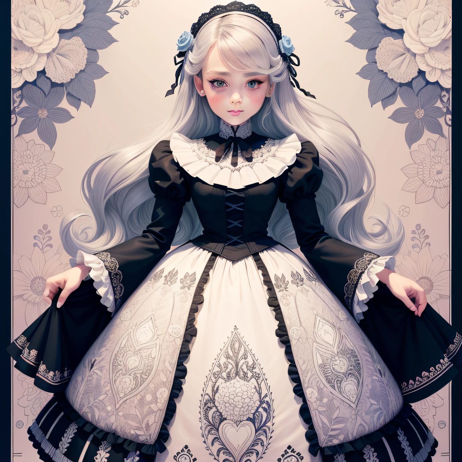 doll wearing beautiful clothes coloring page, Drawn in the style of Johanna Basford