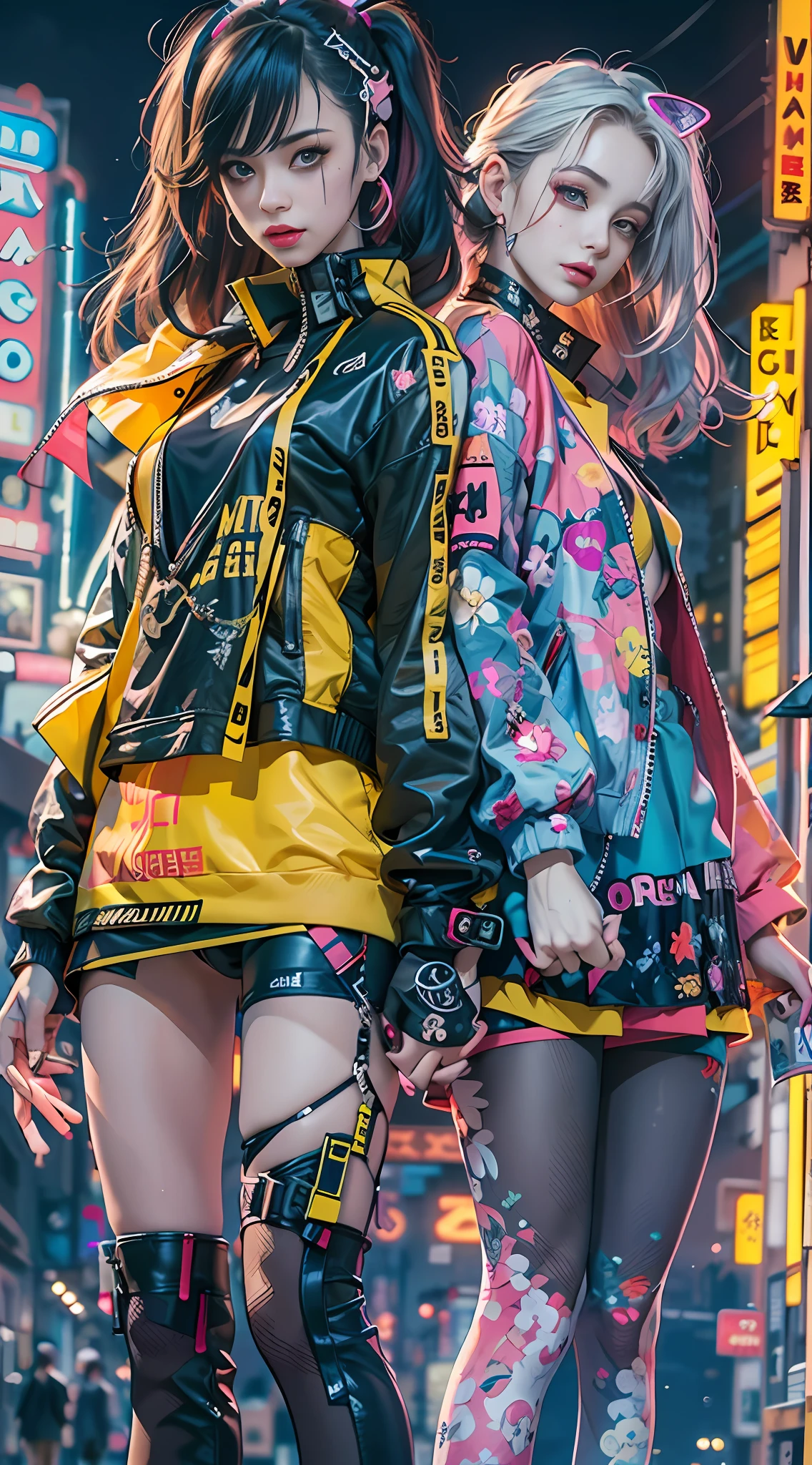 masterpiece, best quality, 2 confident cyberpunk girls holding hands, Harajuku-inspired outfit, bold colors and patterns, eye-catching accessories, trendy and innovative hairstyle, vibrant makeup, Cyberpunk dazzling cityscape, skyscrapers, neon signs, LED lights, bright and vivid color scheme, anime, illustration, detailed skin texture, detailed cloth texture, beautiful detailed face, intricate details, ultra detailed.